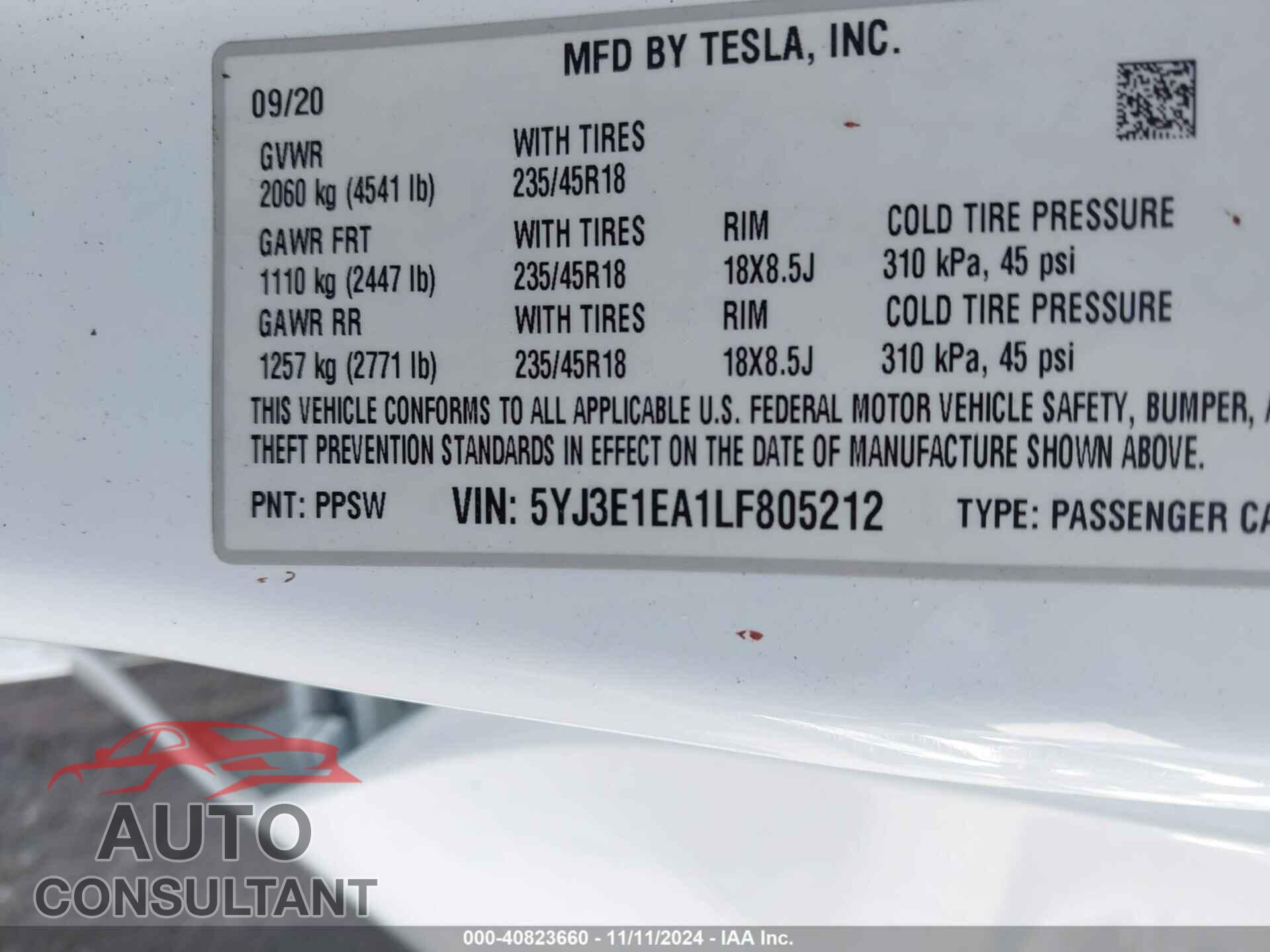 TESLA MODEL 3 2020 - 5YJ3E1EA1LF805212