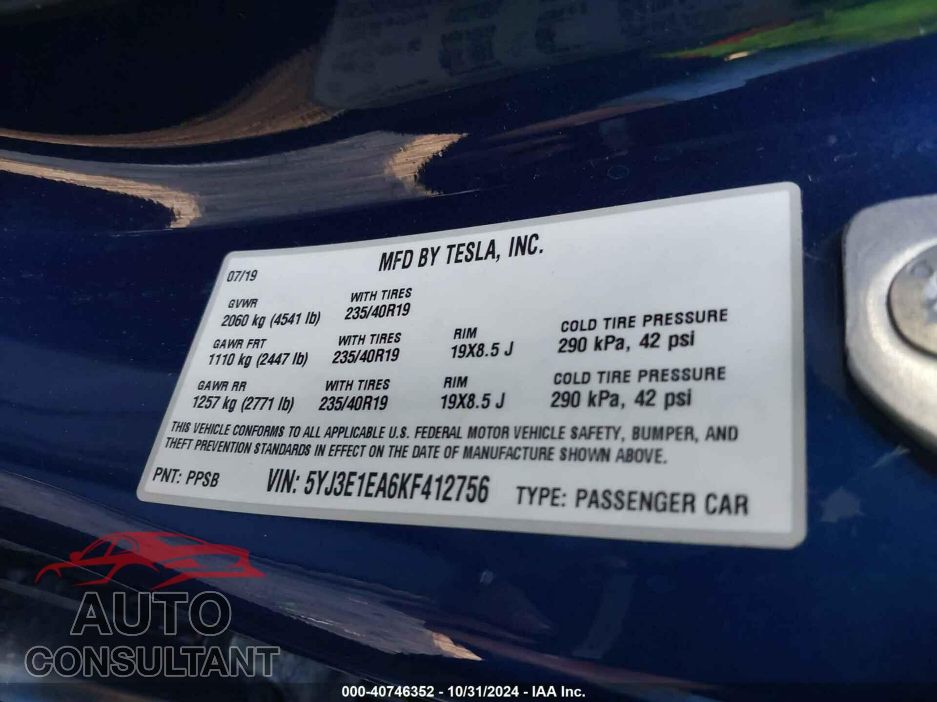 TESLA MODEL 3 2019 - 5YJ3E1EA6KF412756