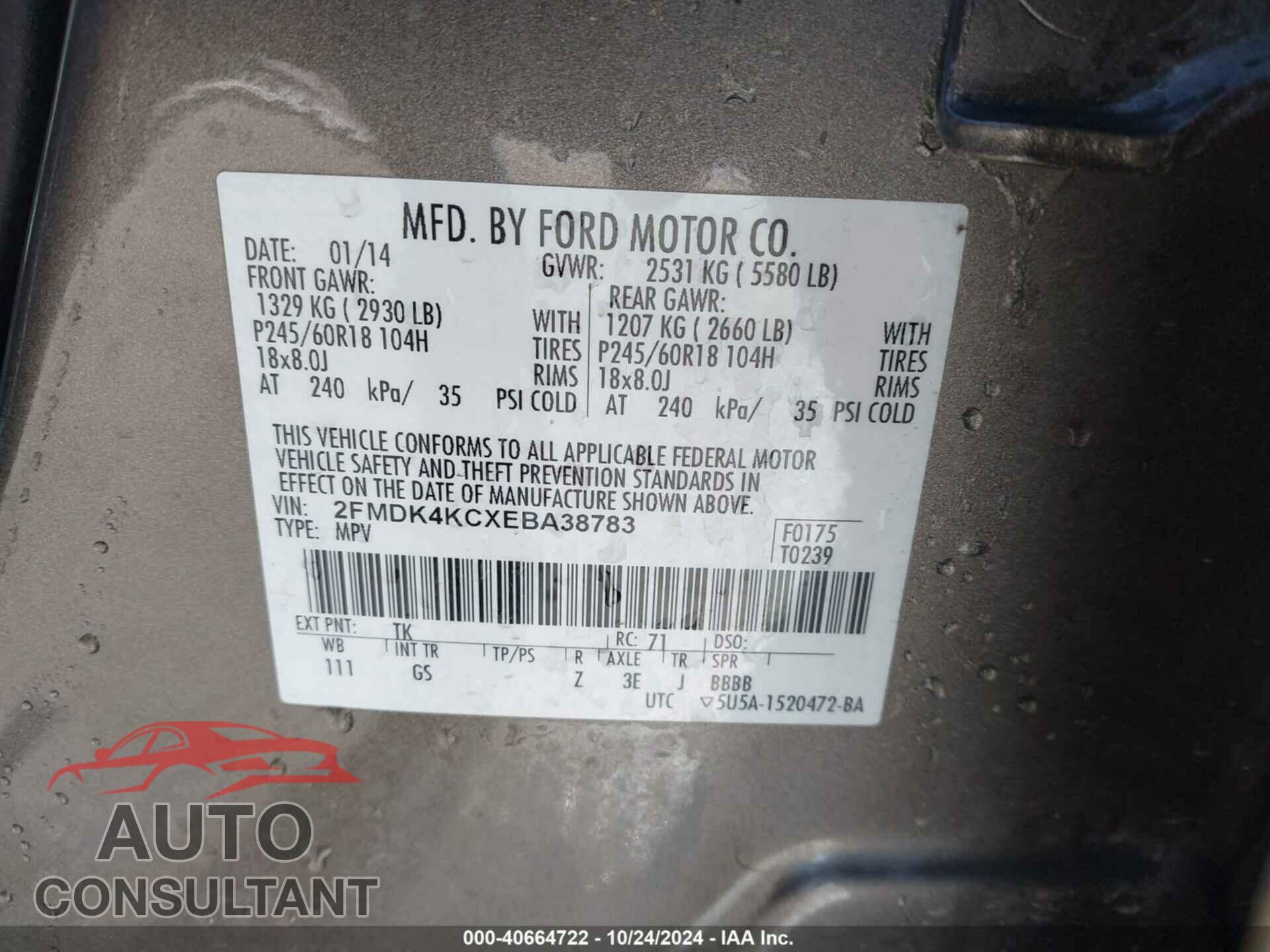 FORD EDGE 2014 - 2FMDK4KCXEBA38783