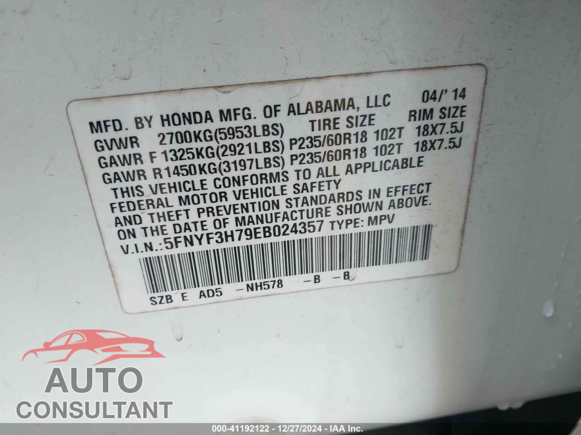 HONDA PILOT 2014 - 5FNYF3H79EB024357