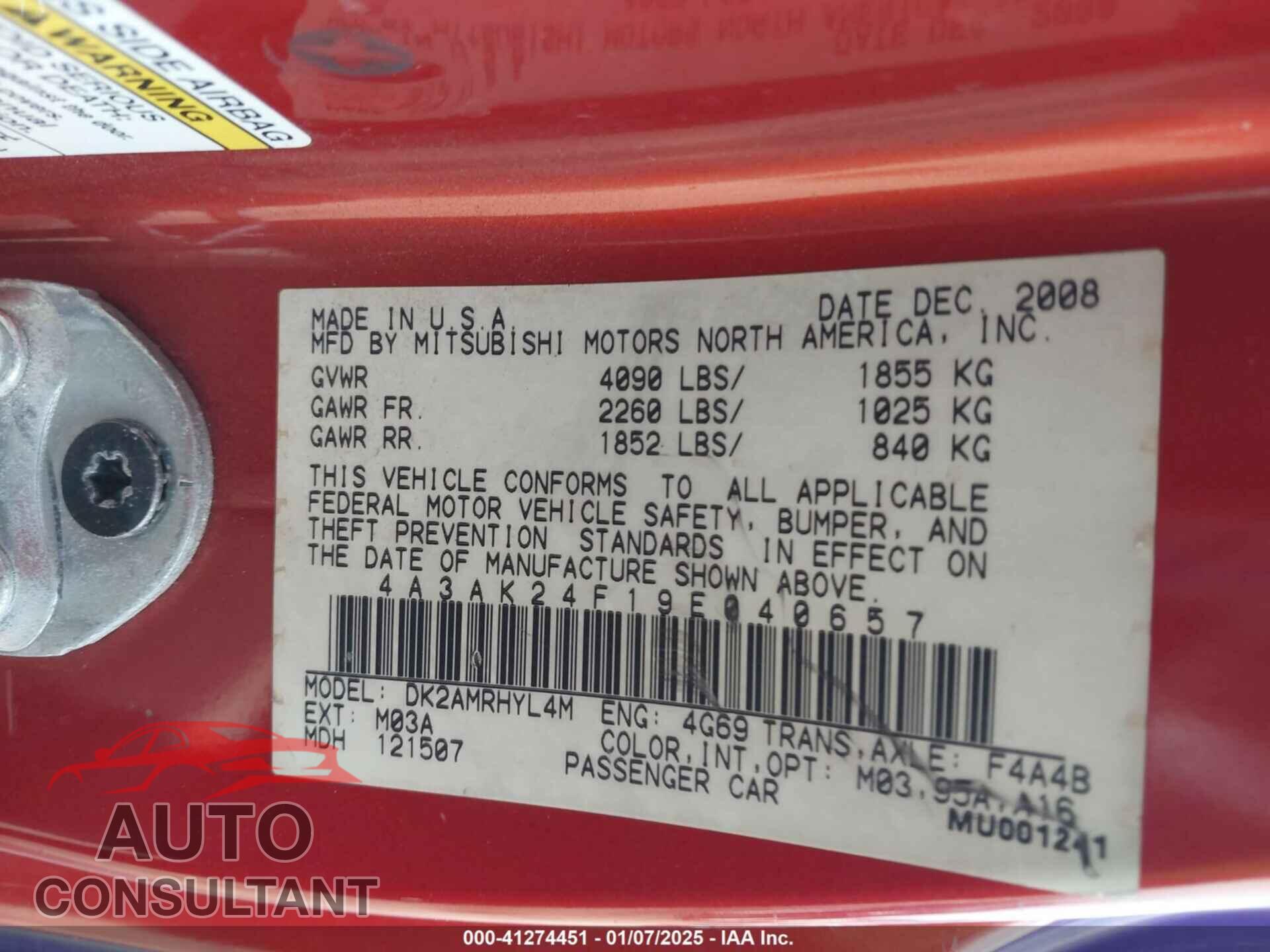 MITSUBISHI ECLIPSE 2009 - 4A3AK24F19E040657