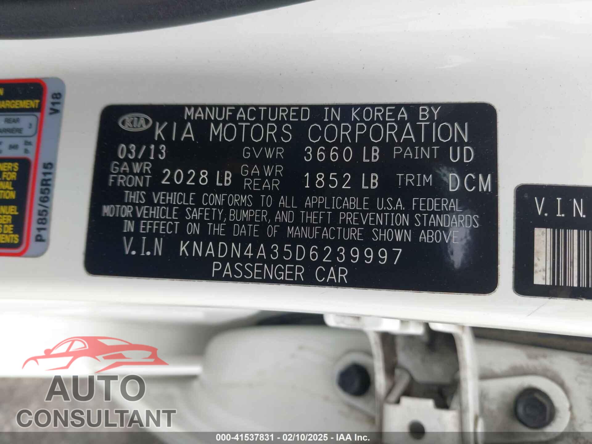 KIA RIO 2013 - KNADN4A35D6239997