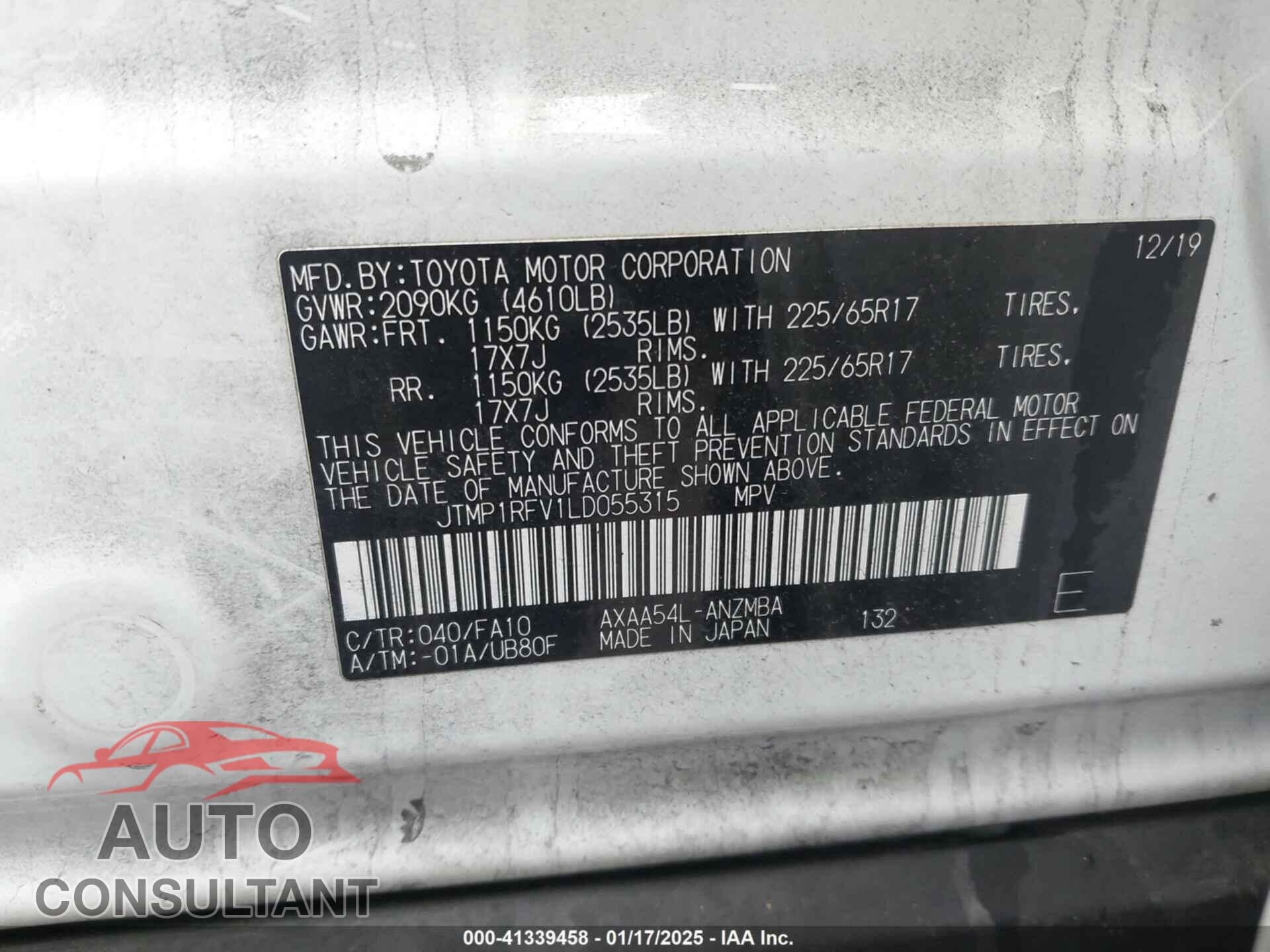 TOYOTA RAV4 2020 - JTMP1RFV1LD055315