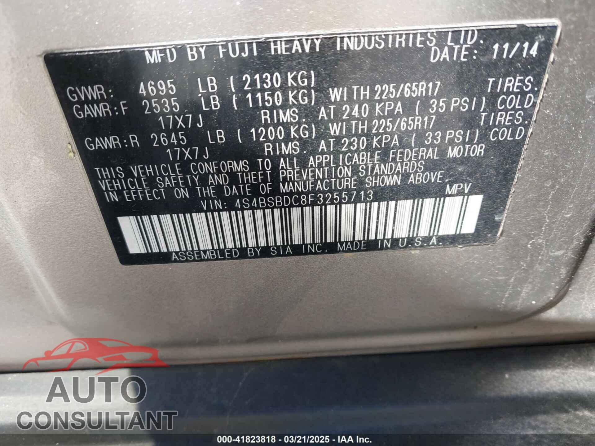 SUBARU OUTBACK 2015 - 4S4BSBDC8F3255713