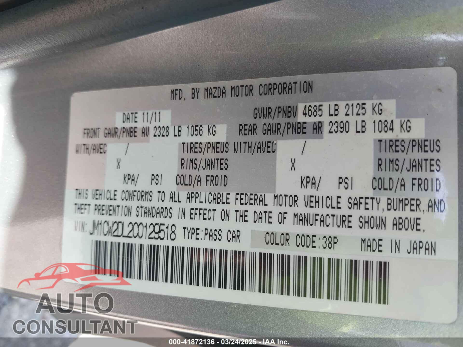 MAZDA MAZDA5 2012 - JM1CW2DL2C0129518