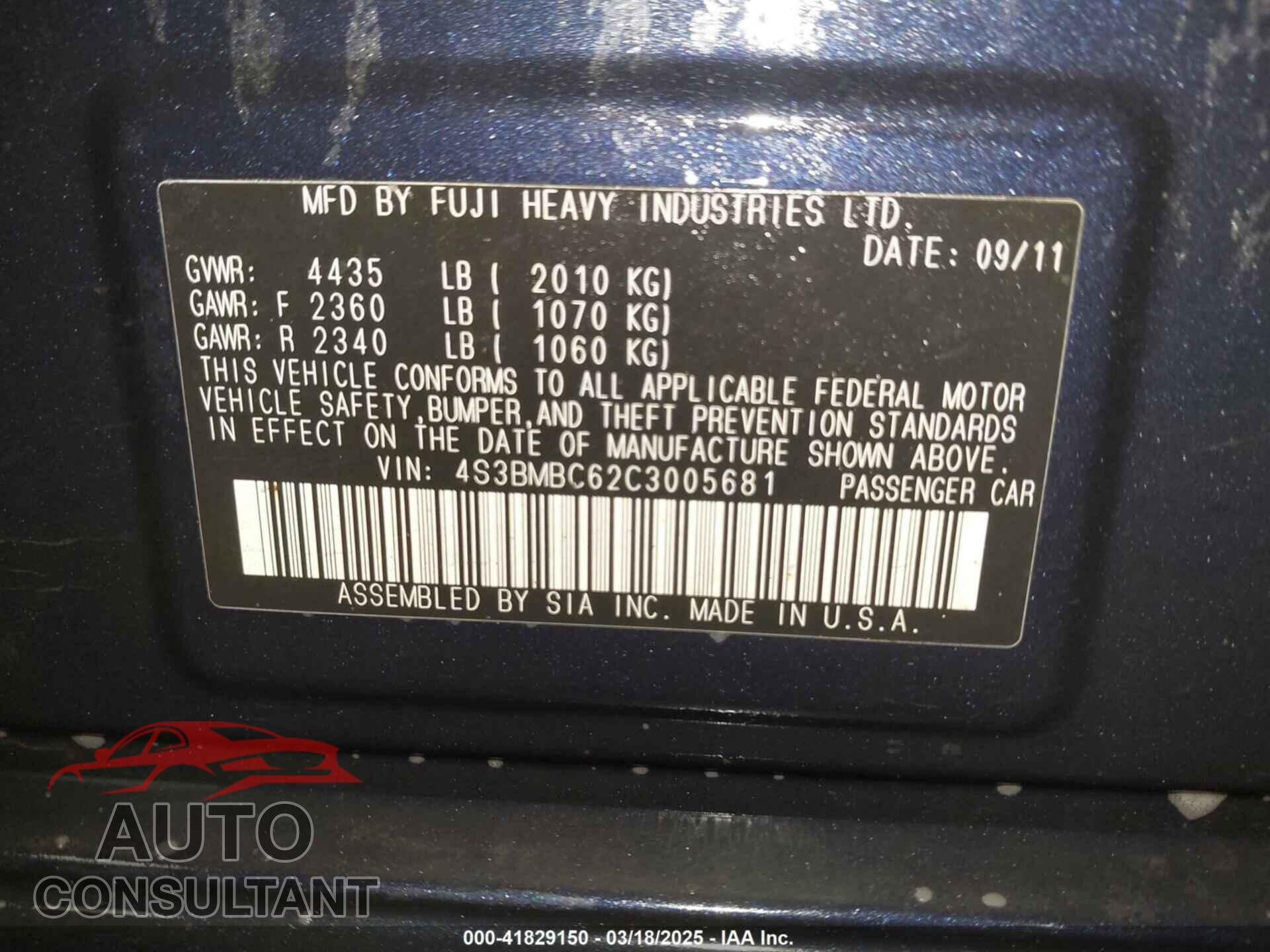 SUBARU LEGACY 2012 - 4S3BMBC62C3005681