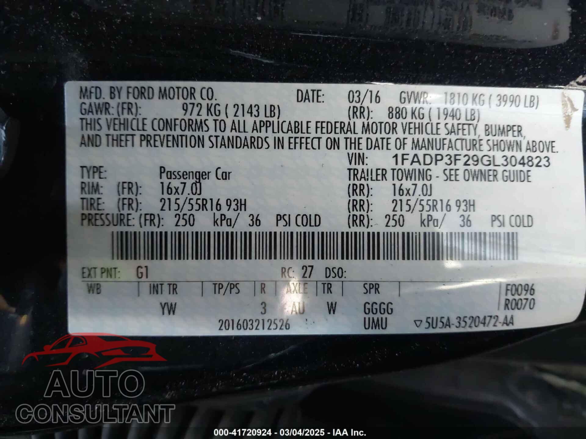 FORD FOCUS 2016 - 1FADP3F29GL304823
