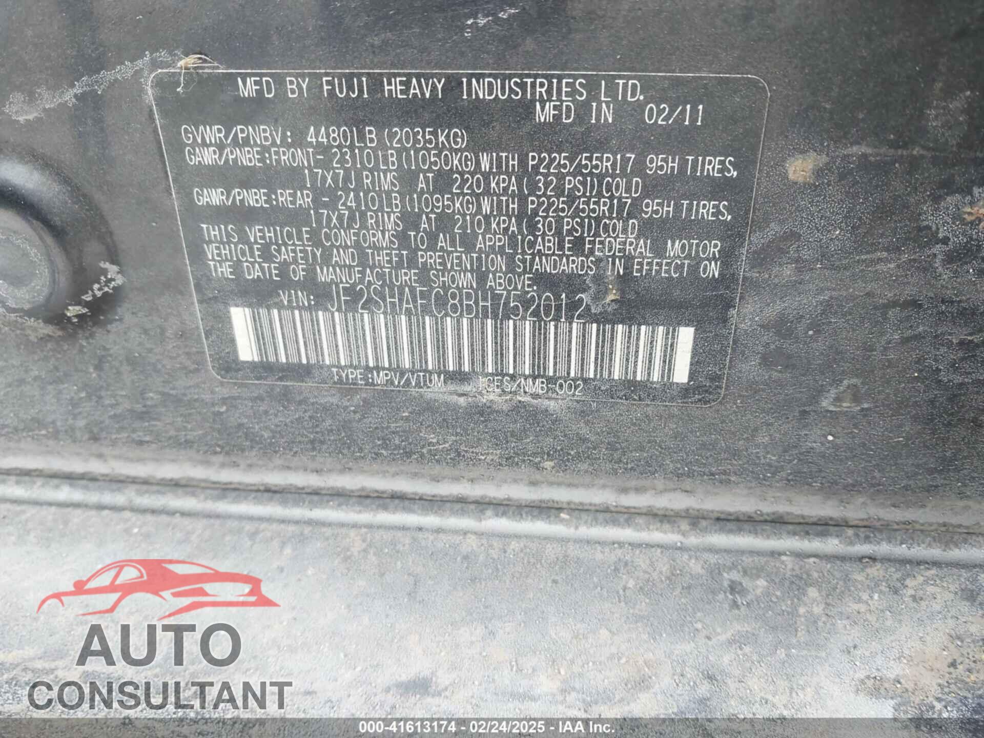 SUBARU FORESTER 2011 - JF2SHAFC8BH752012