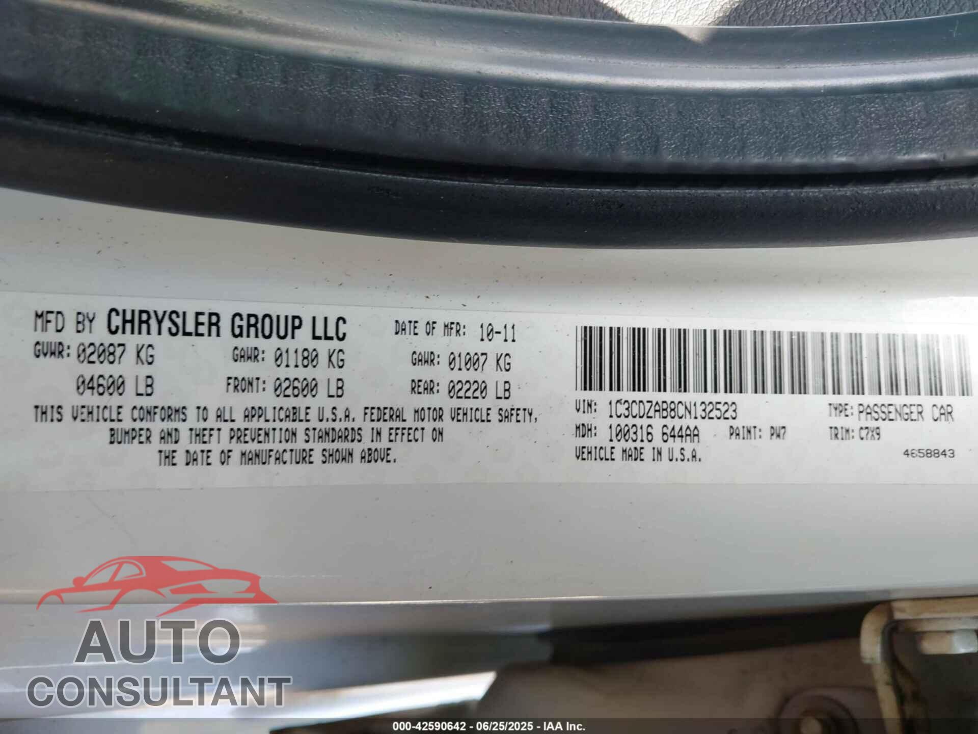 DODGE AVENGER 2012 - 1C3CDZAB8CN132523