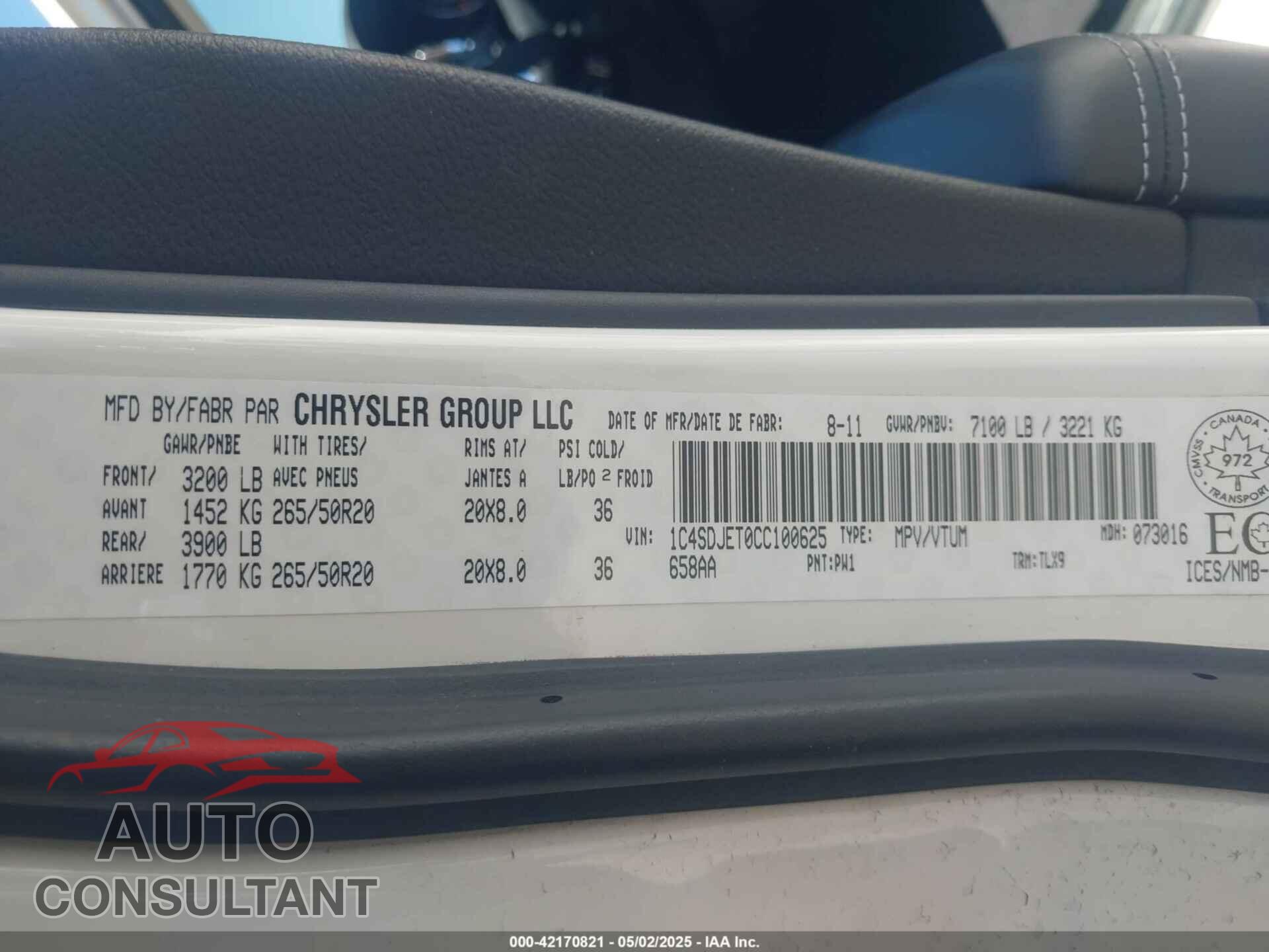 DODGE DURANGO 2012 - 1C4SDJET0CC100625