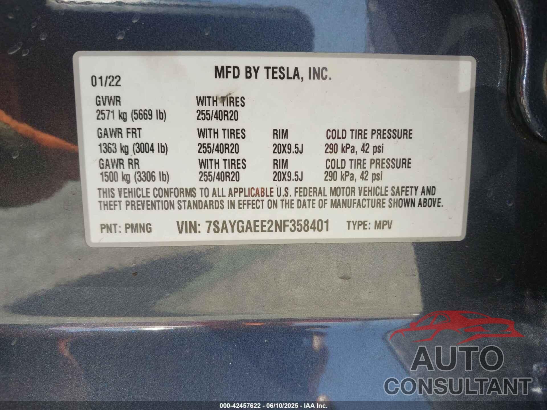 TESLA MODEL Y 2022 - 7SAYGAEE2NF358401