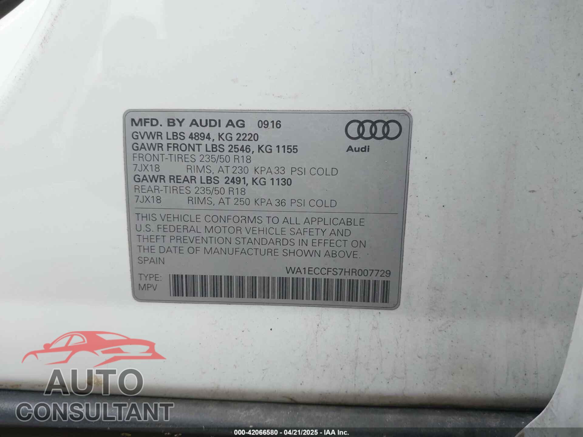 AUDI Q3 2017 - WA1ECCFS7HR007729