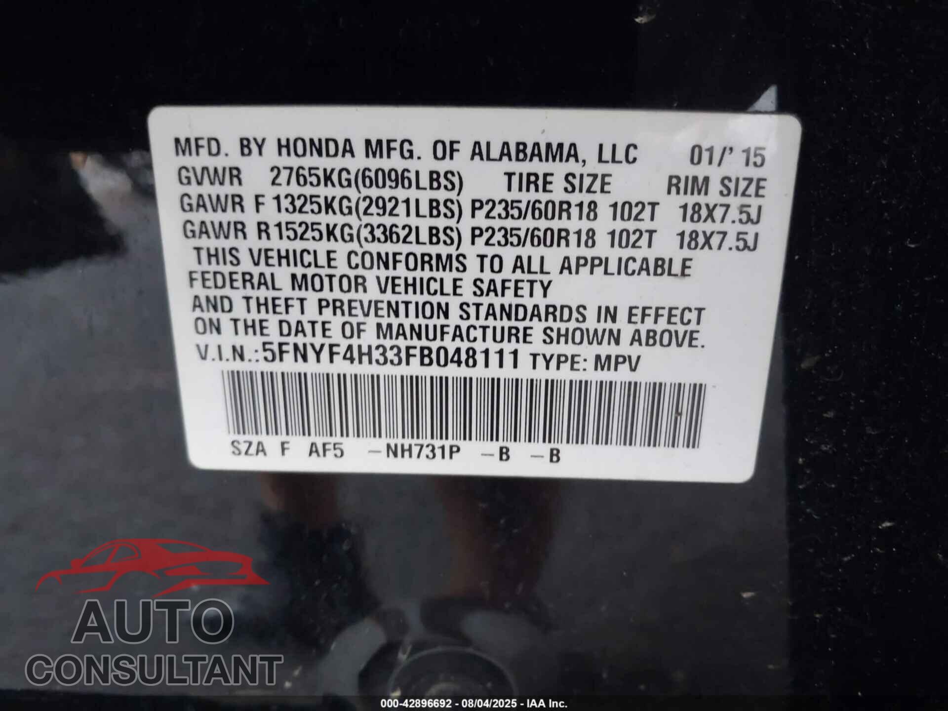 HONDA PILOT 2015 - 5FNYF4H33FB048111