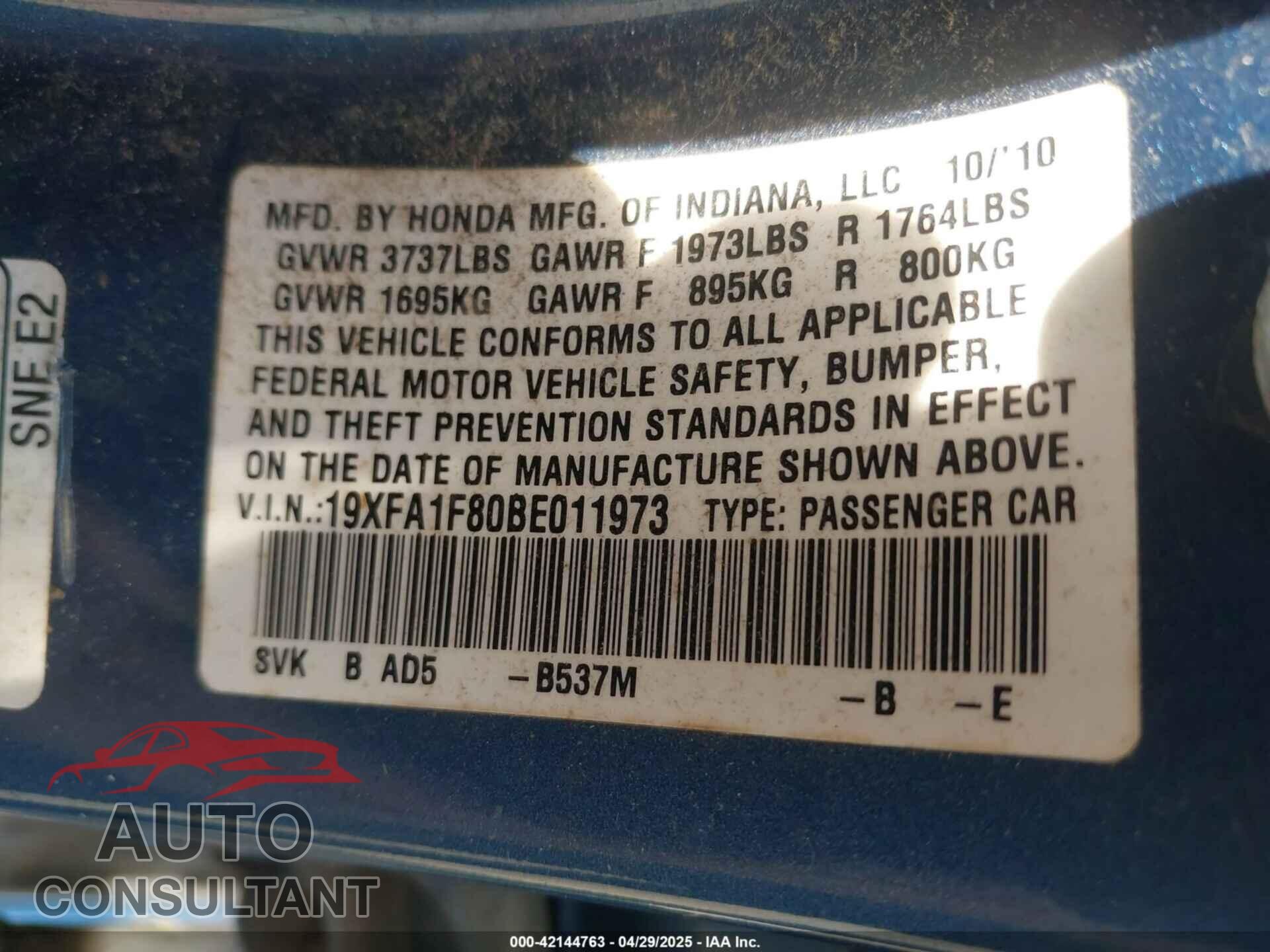 HONDA CIVIC 2011 - 19XFA1F80BE011973