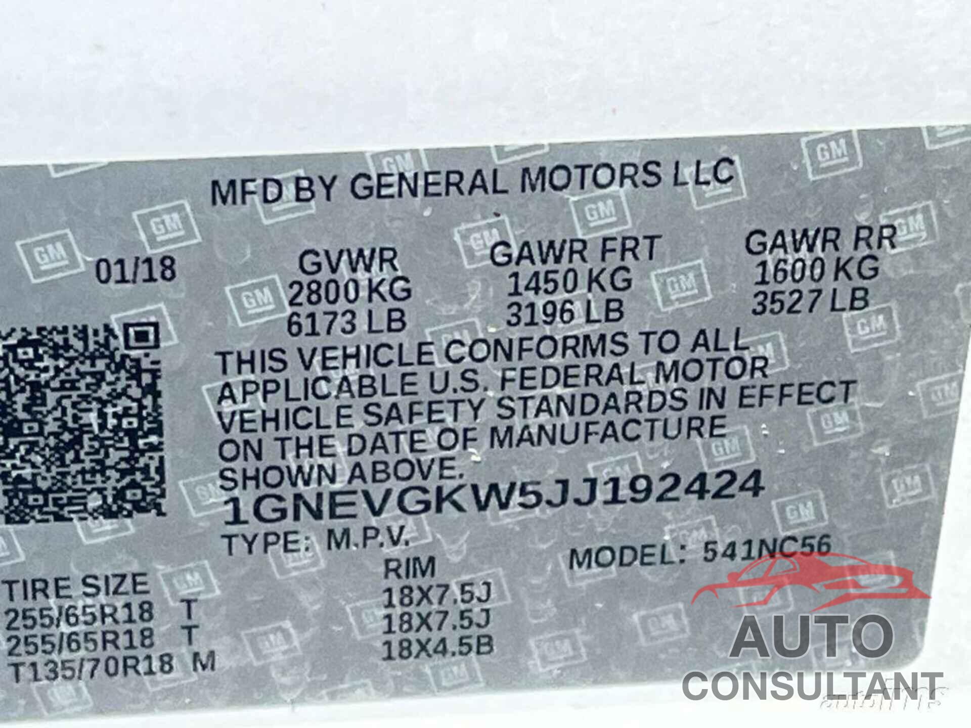CHEVROLET TRAVERSE 2018 - 1GNEVGKW5JJ192424