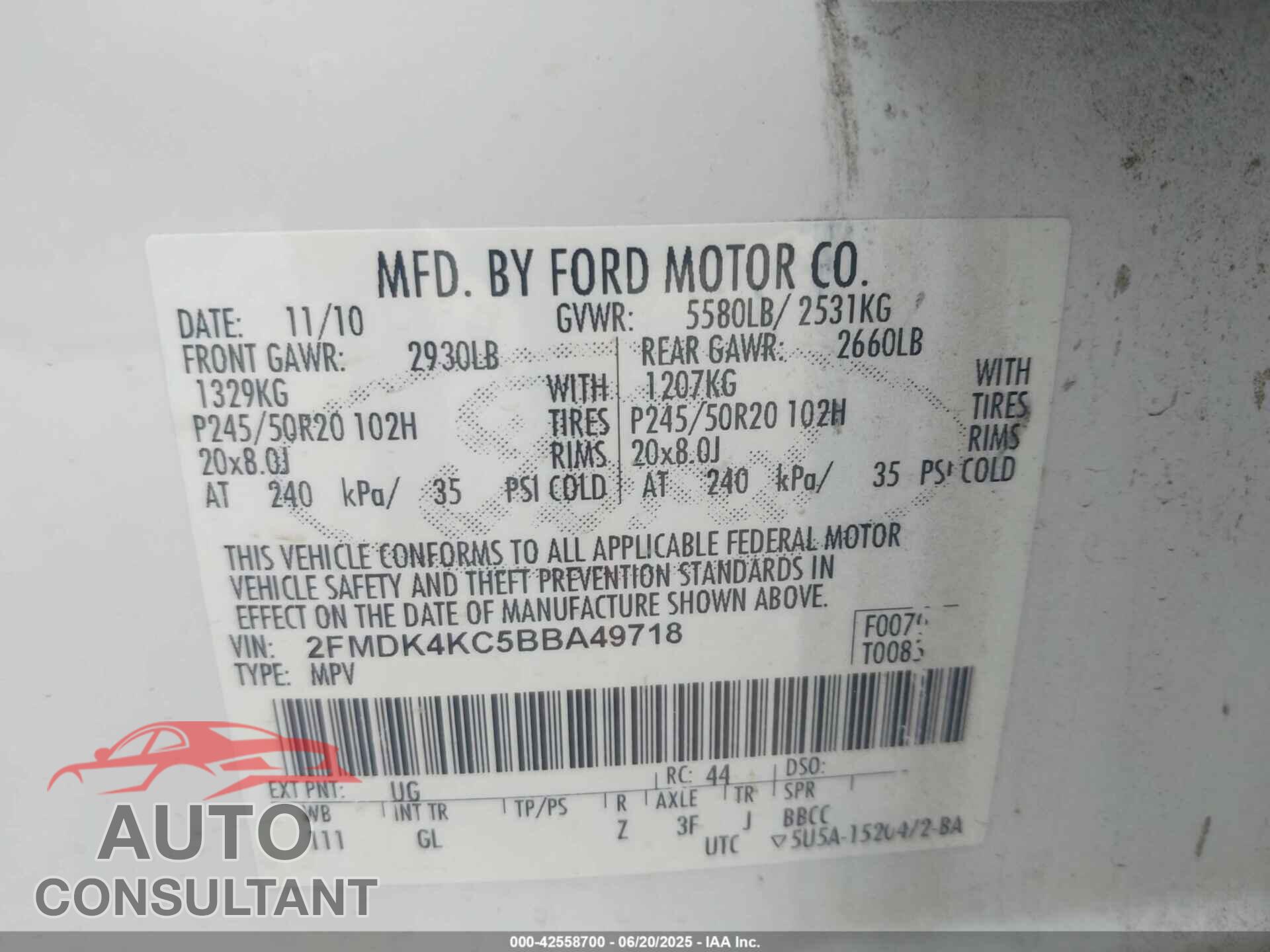 FORD EDGE 2011 - 2FMDK4KC5BBA49718
