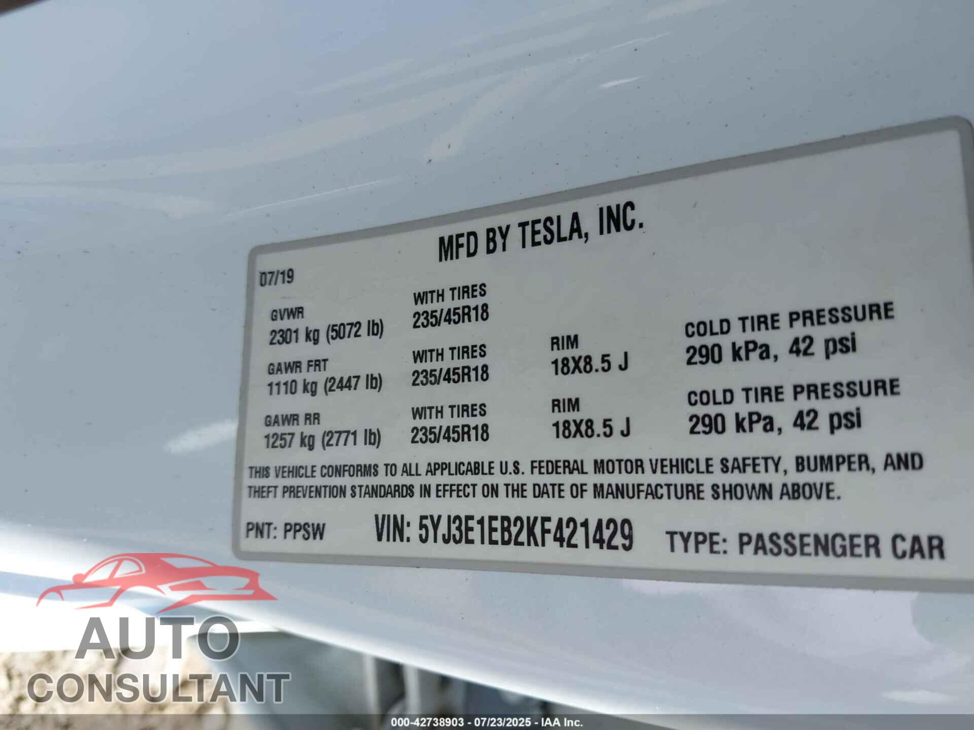 TESLA MODEL 3 2019 - 5YJ3E1EB2KF421429