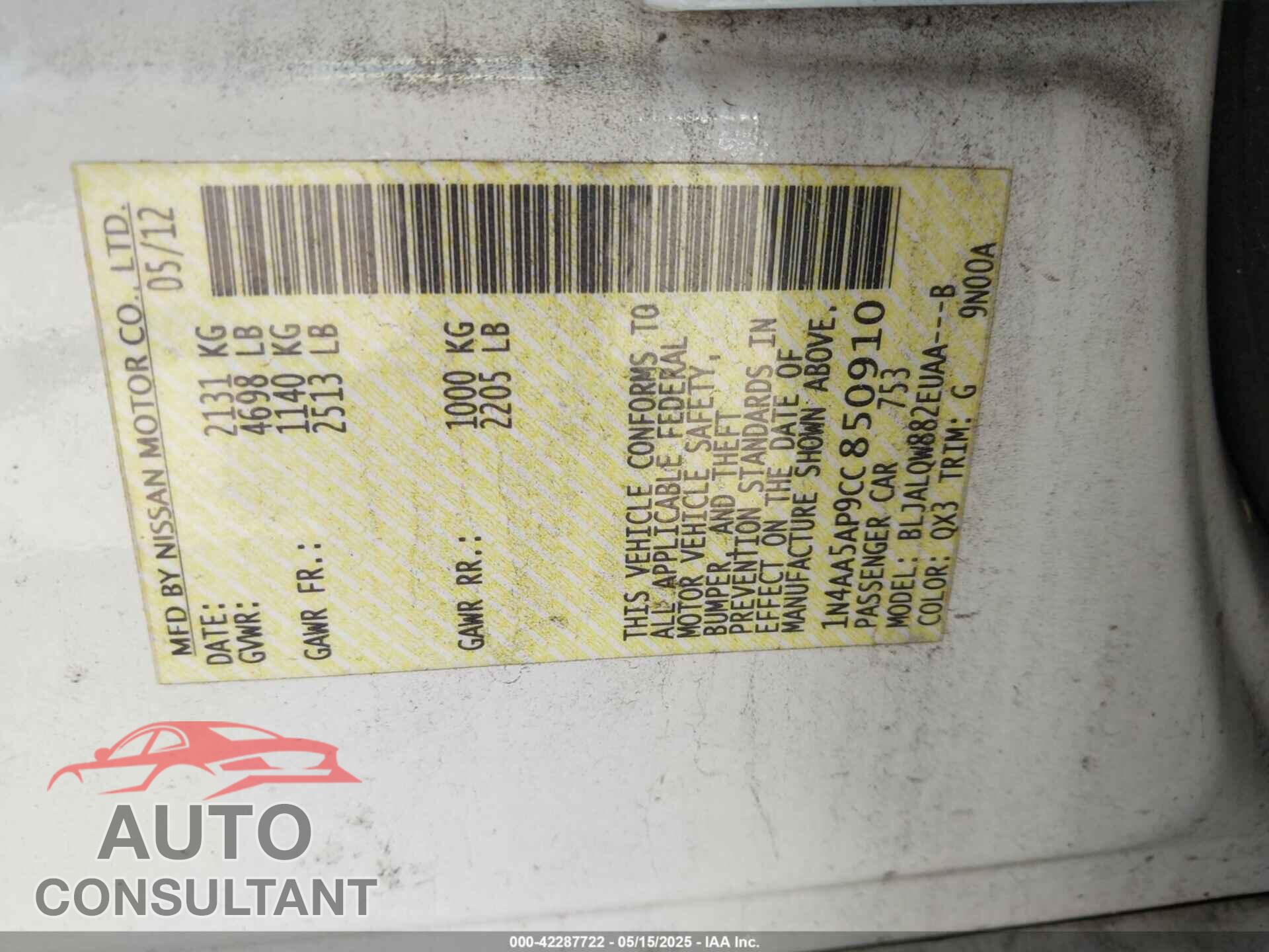 NISSAN MAXIMA 2012 - 1N4AA5AP9CC850910