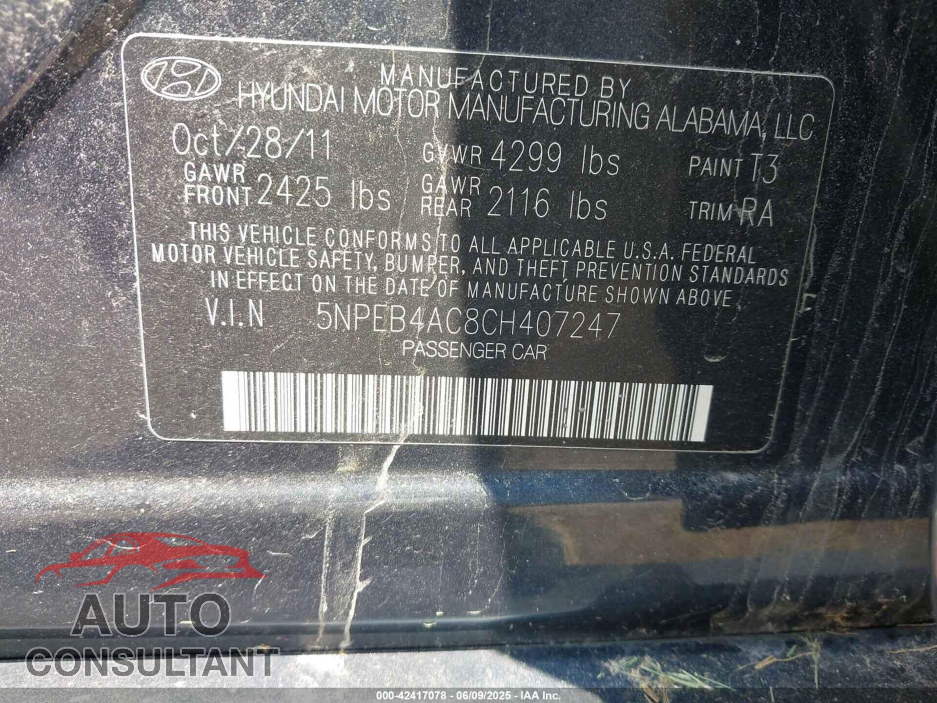 HYUNDAI SONATA 2012 - 5NPEB4AC8CH407247