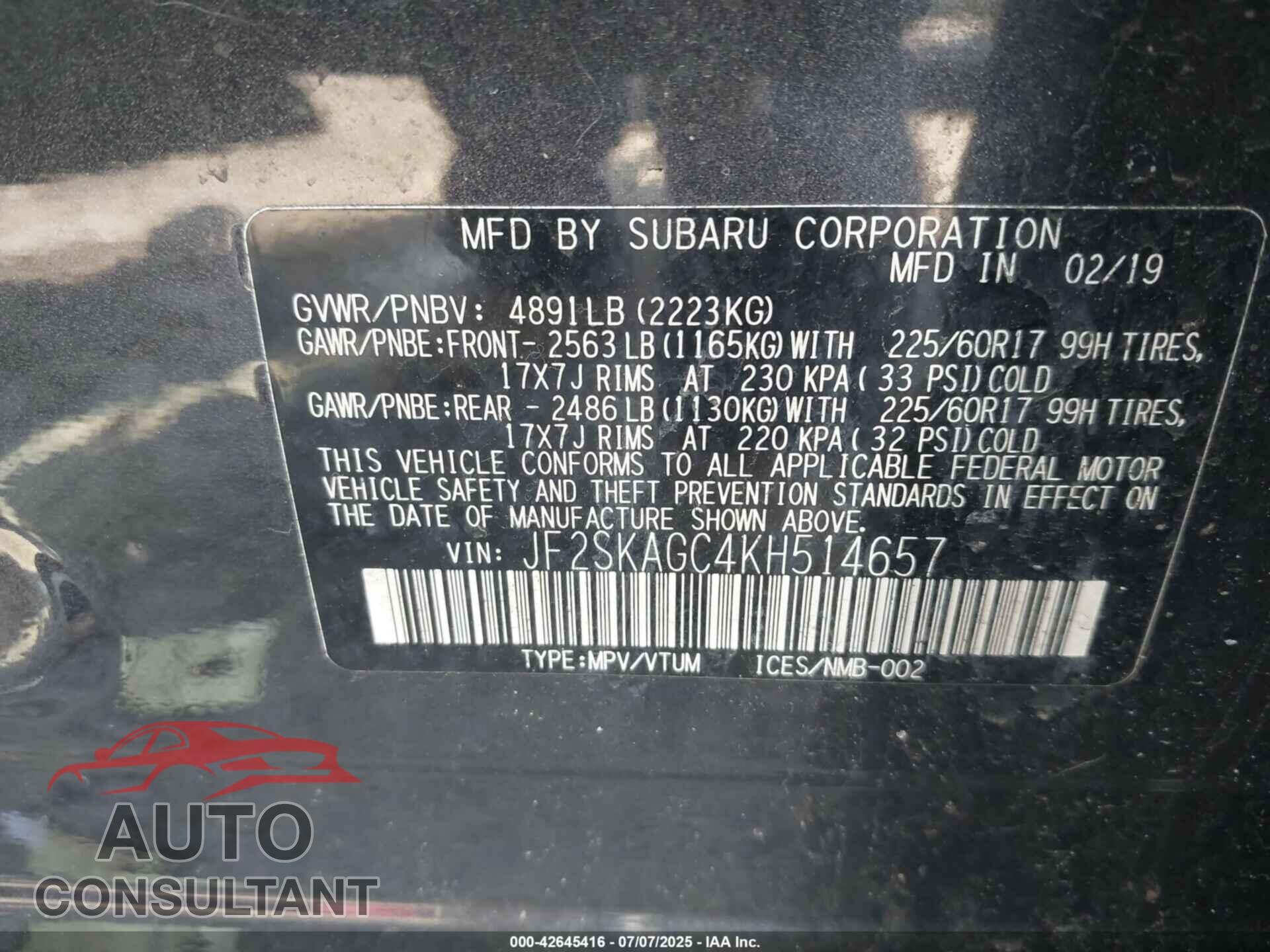 SUBARU FORESTER 2019 - JF2SKAGC4KH514657