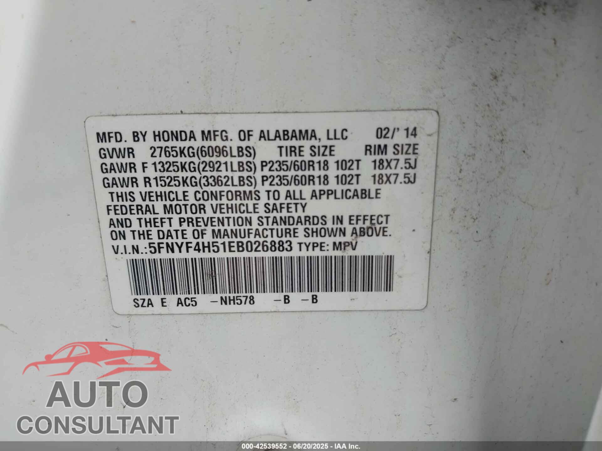HONDA PILOT 2014 - 5FNYF4H51EB026883