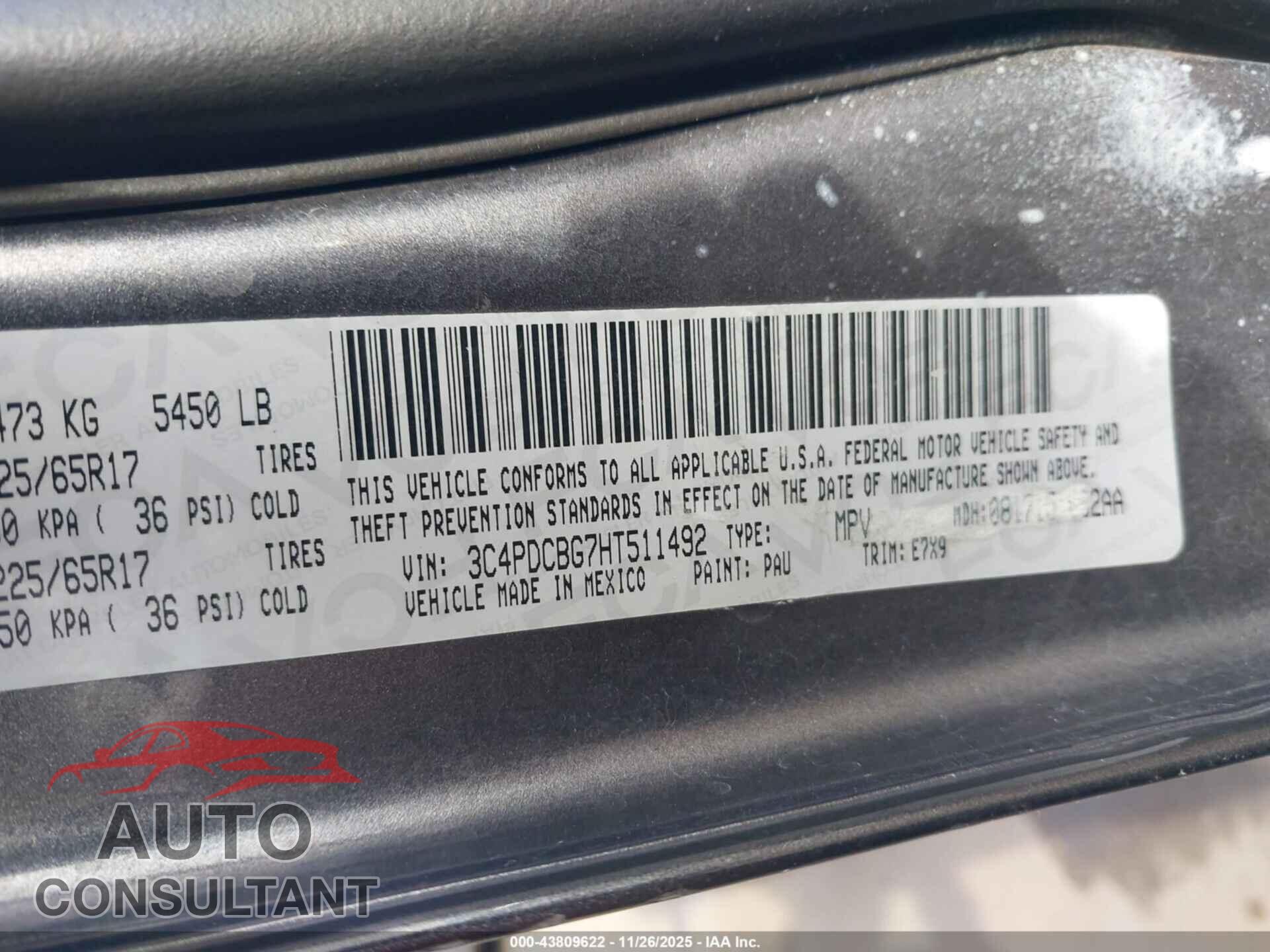 DODGE JOURNEY 2017 - 3C4PDCBG7HT511492