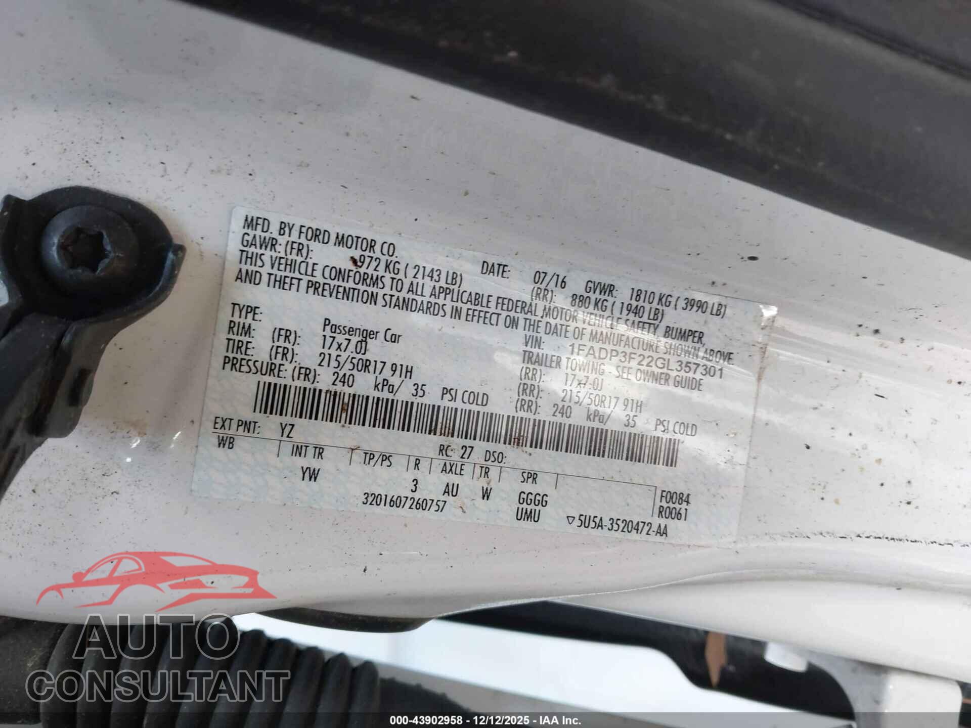 FORD FOCUS 2016 - 1FADP3F22GL357301