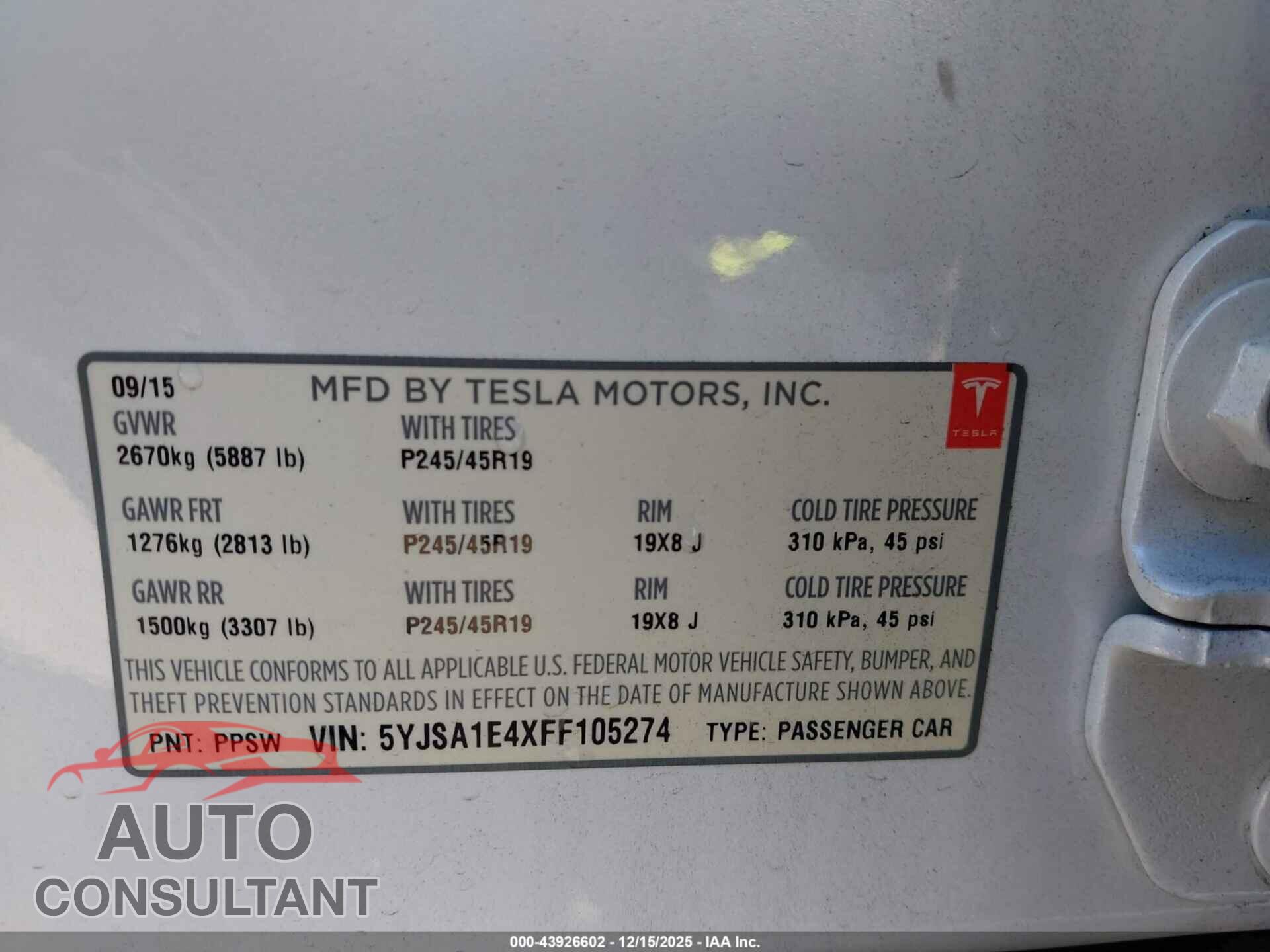 TESLA MODEL S 2015 - 5YJSA1E4XFF105274