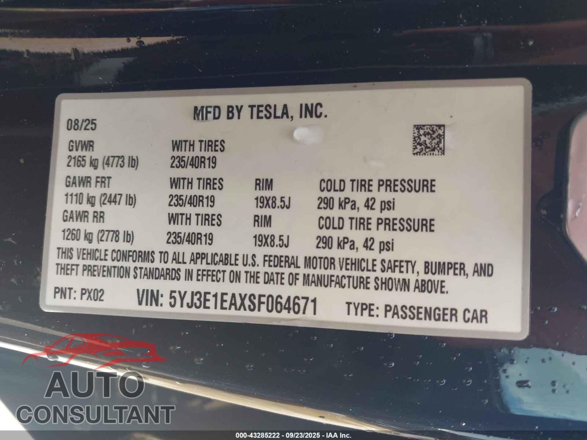 TESLA MODEL 3 2025 - 5YJ3E1EAXSF064671