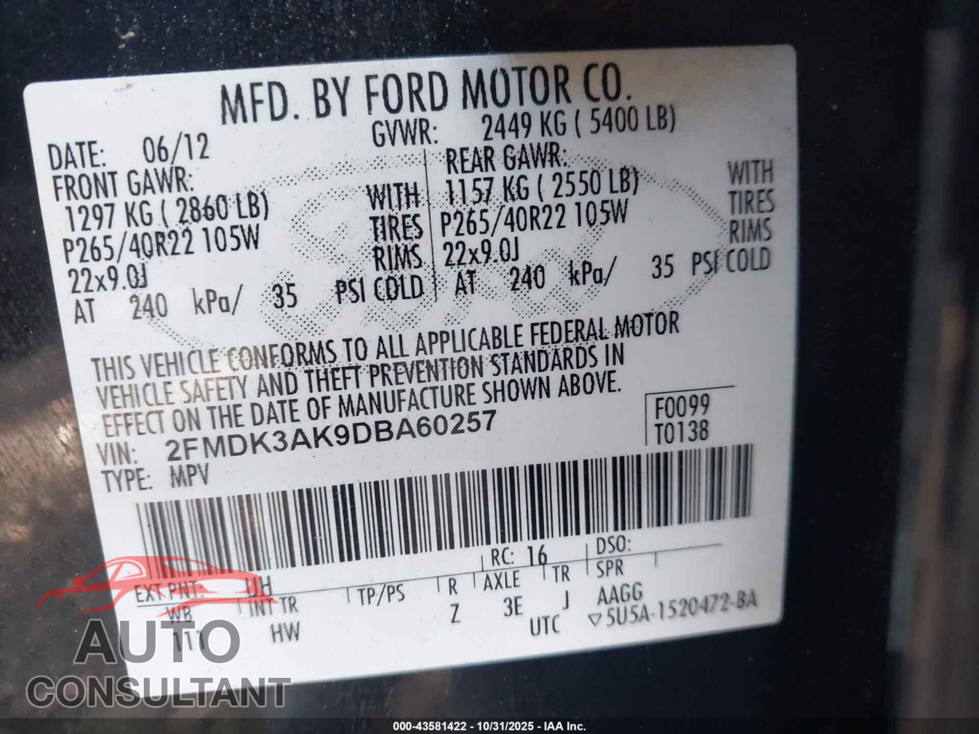 FORD EDGE 2013 - 2FMDK3AK9DBA60257