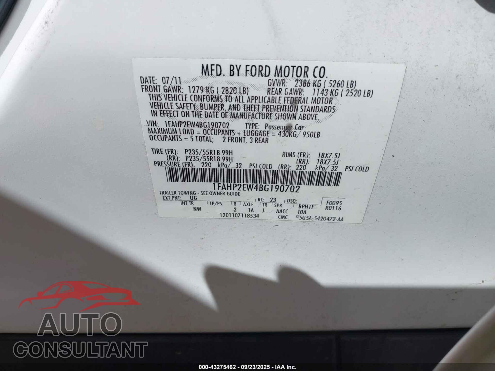 FORD TAURUS 2011 - 1FAHP2EW4BG190702