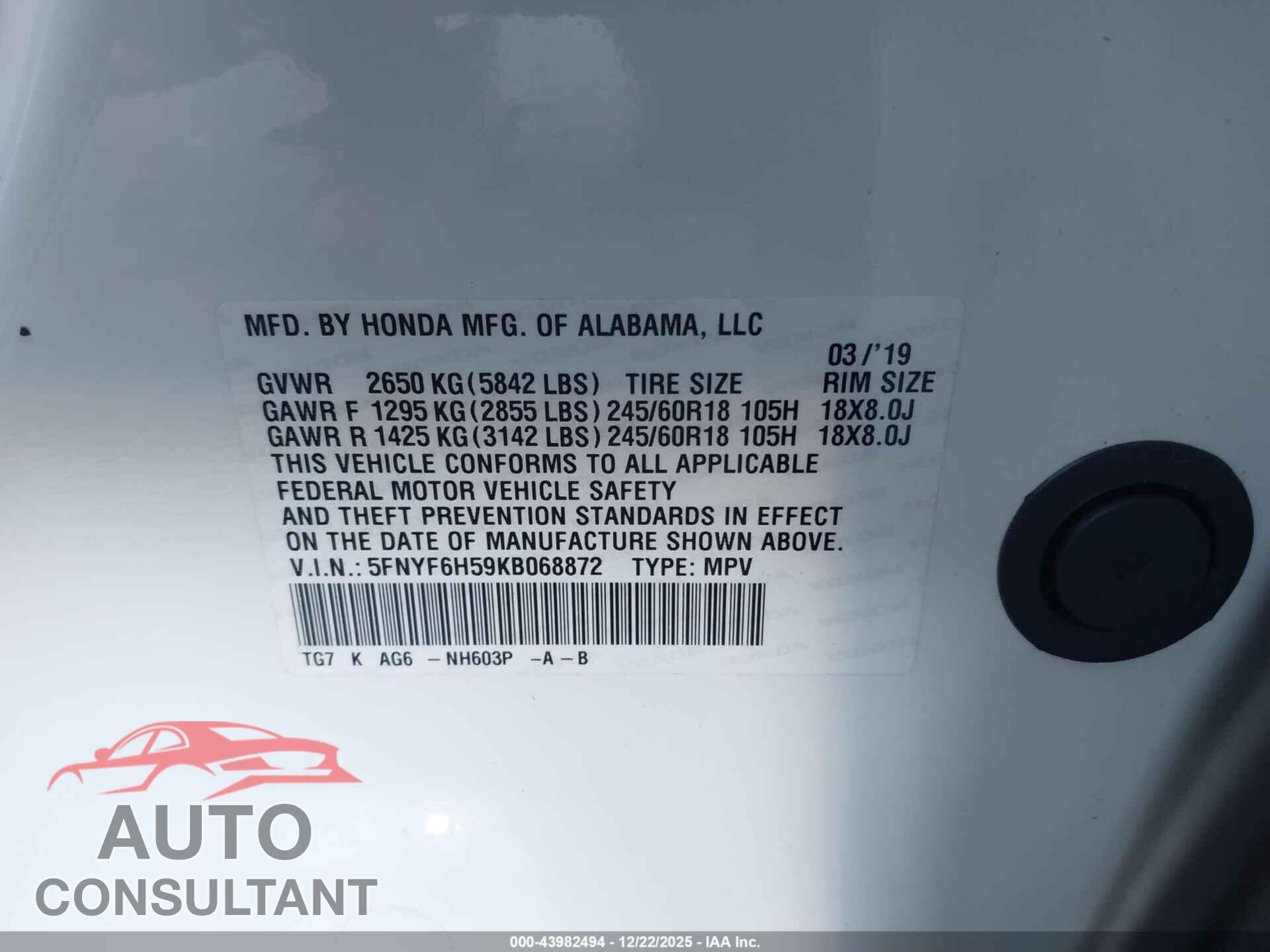 HONDA PILOT 2019 - 5FNYF6H59KB068872
