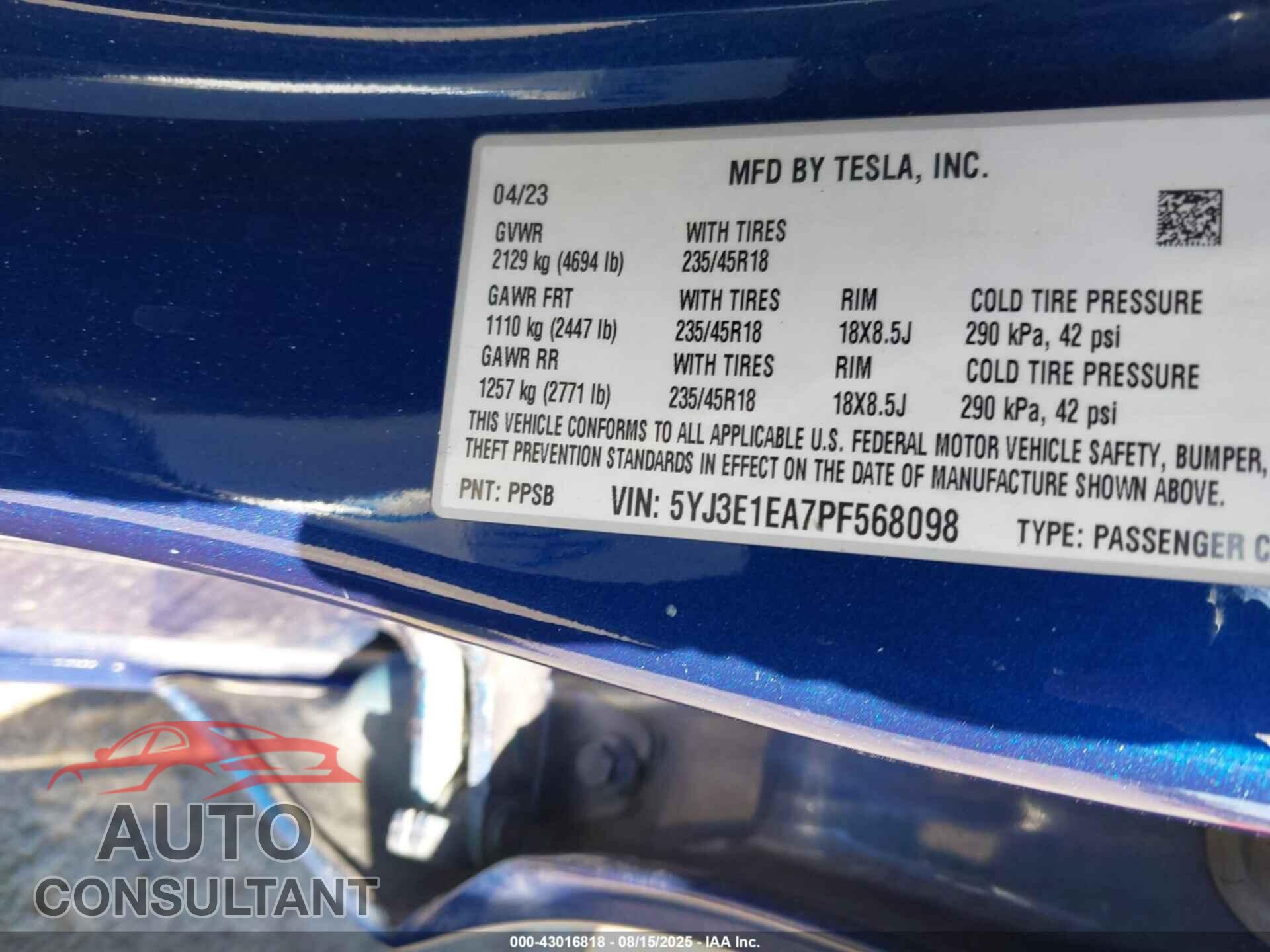 TESLA MODEL 3 2023 - 5YJ3E1EA7PF568098