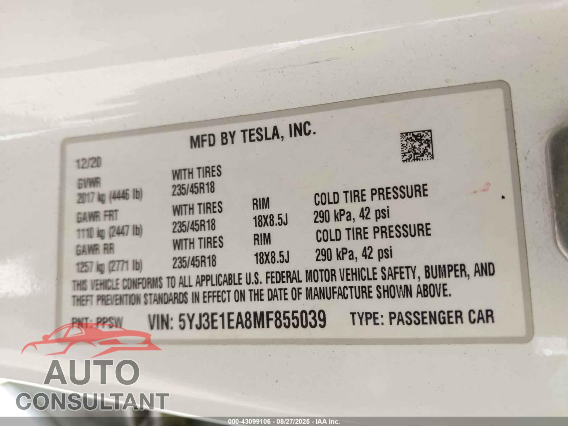 TESLA MODEL 3 2021 - 5YJ3E1EA8MF855039