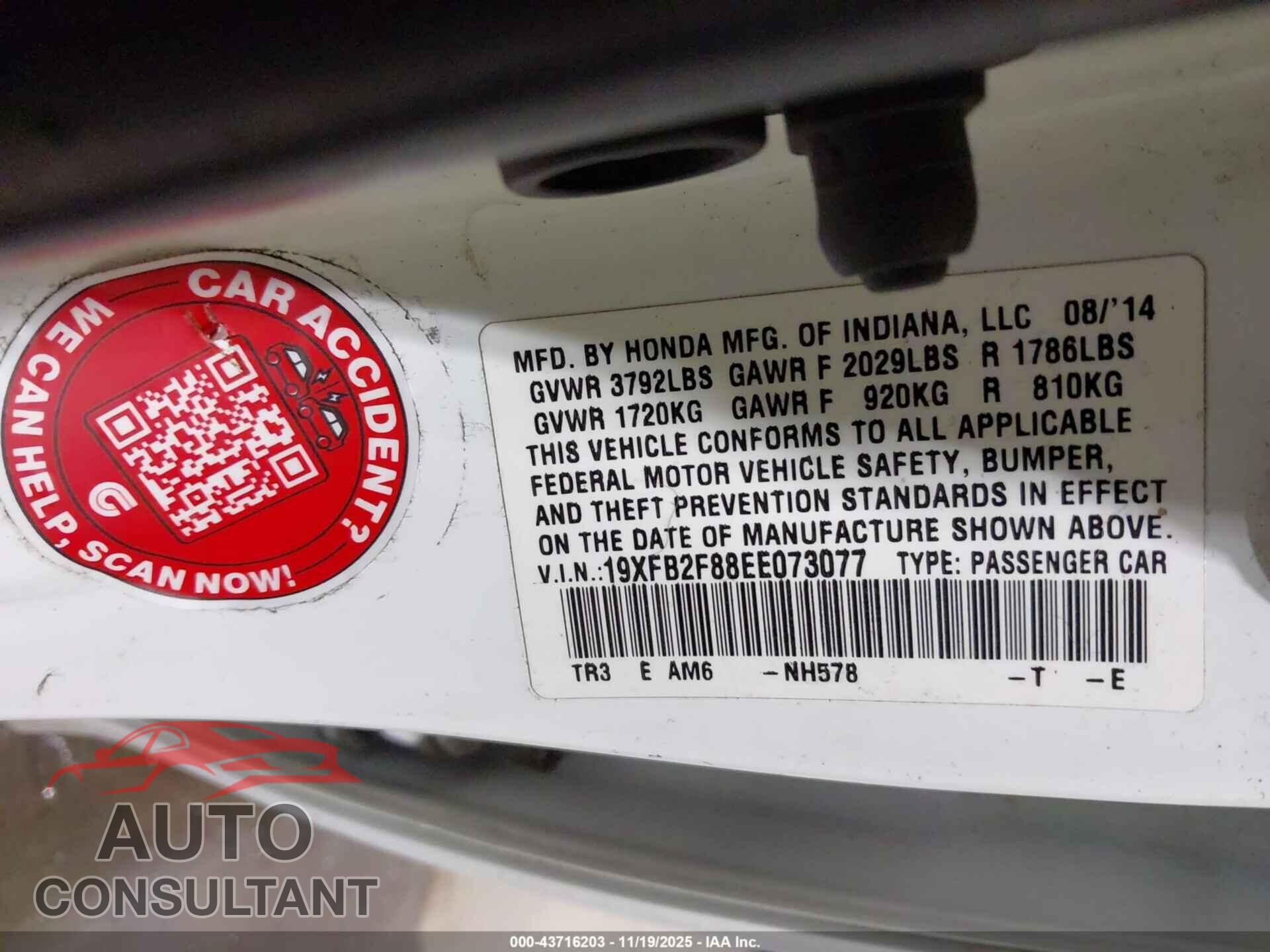 HONDA CIVIC 2014 - 19XFB2F88EE073077