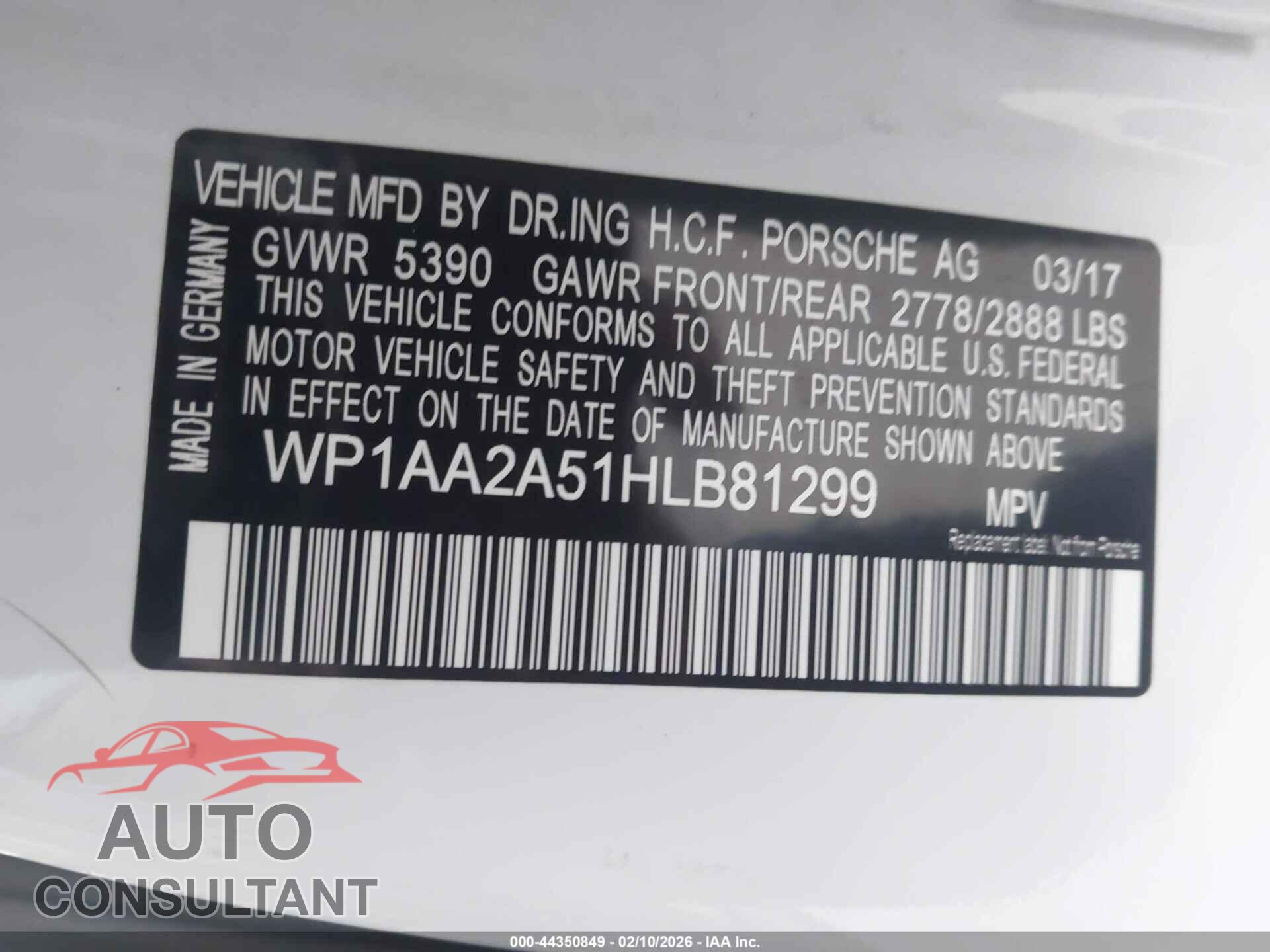 PORSCHE MACAN 2017 - WP1AA2A51HLB81299