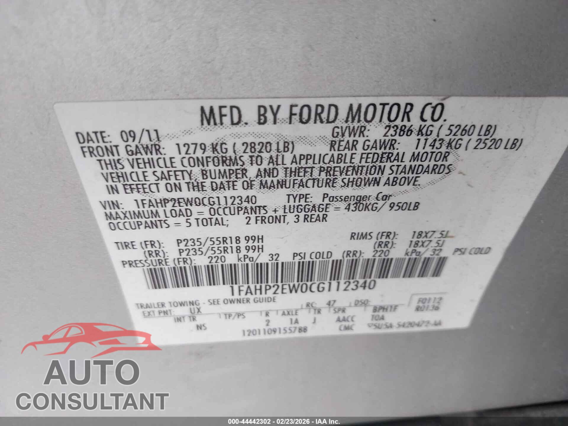 FORD TAURUS 2012 - 1FAHP2EW0CG112340