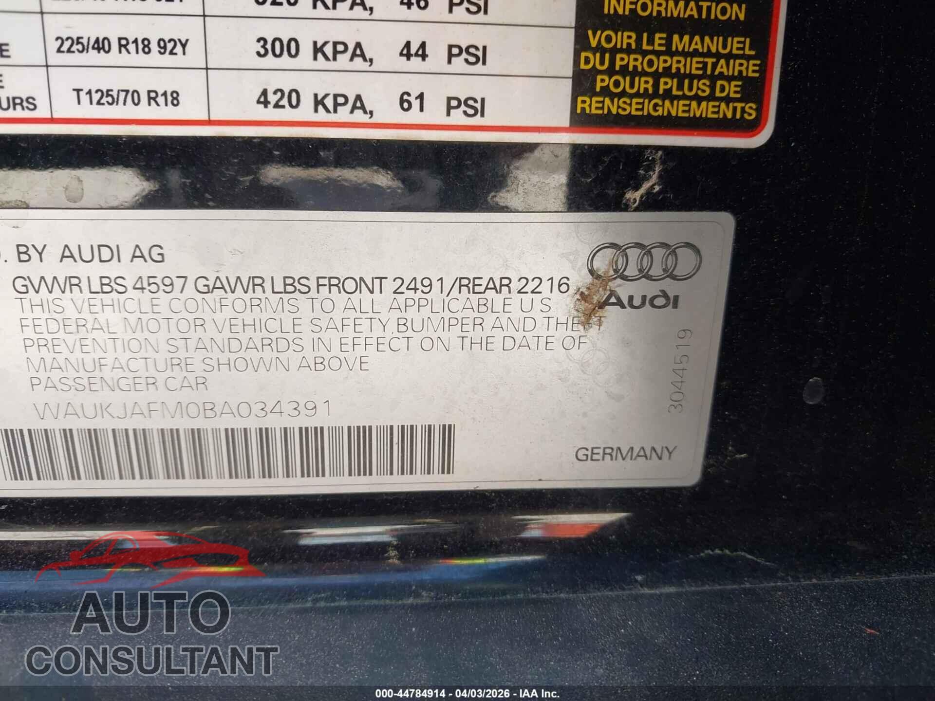 AUDI A3 2011 - WAUKJAFM0BA034391