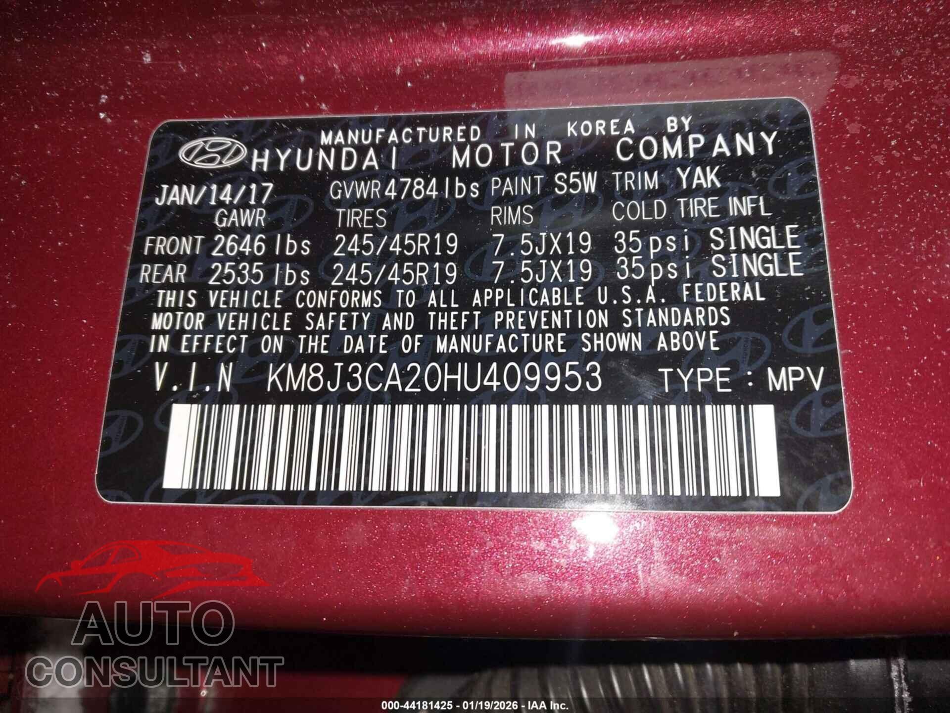 HYUNDAI TUCSON 2017 - KM8J3CA20HU409953