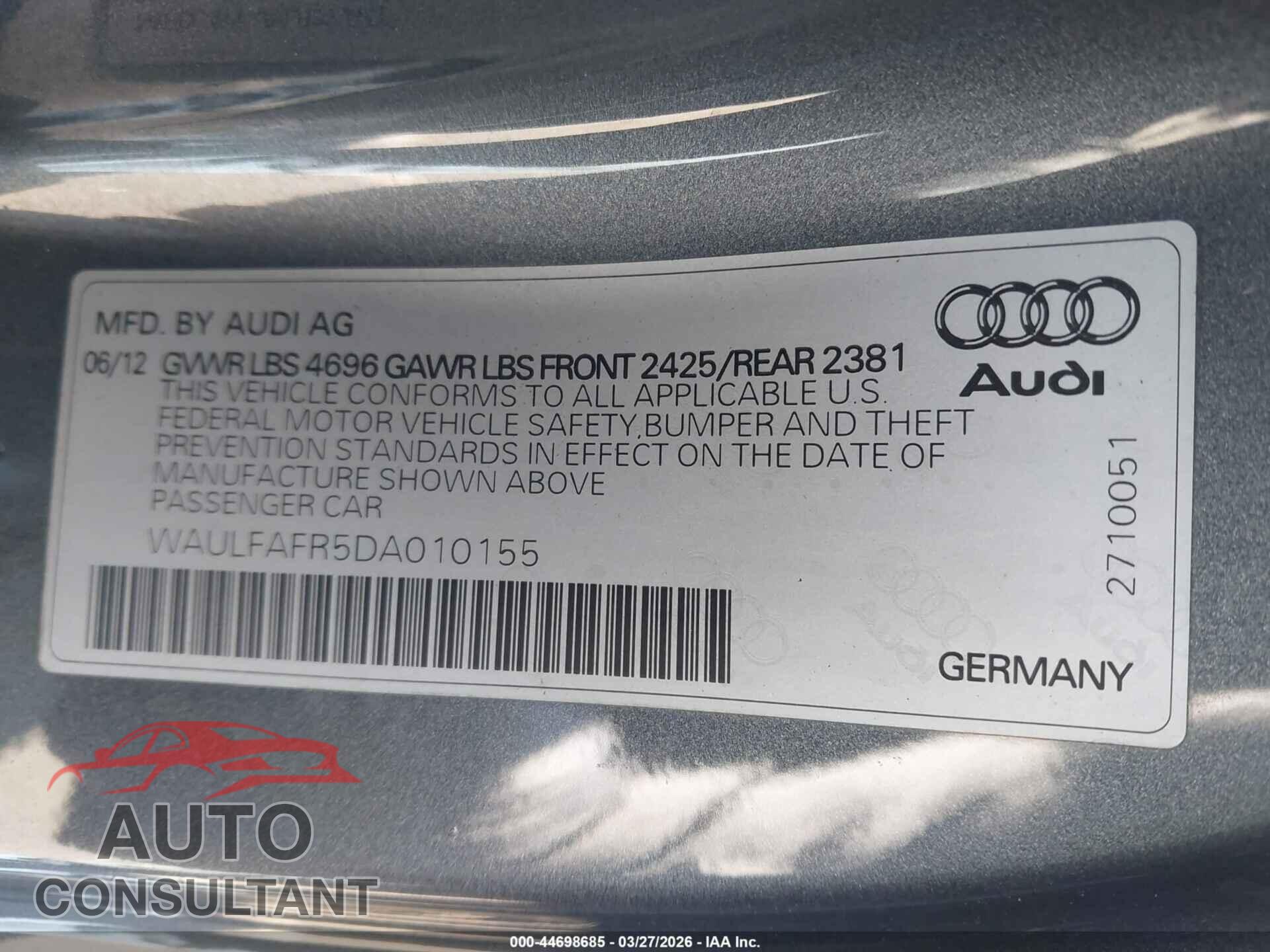 AUDI A5 2013 - WAULFAFR5DA010155