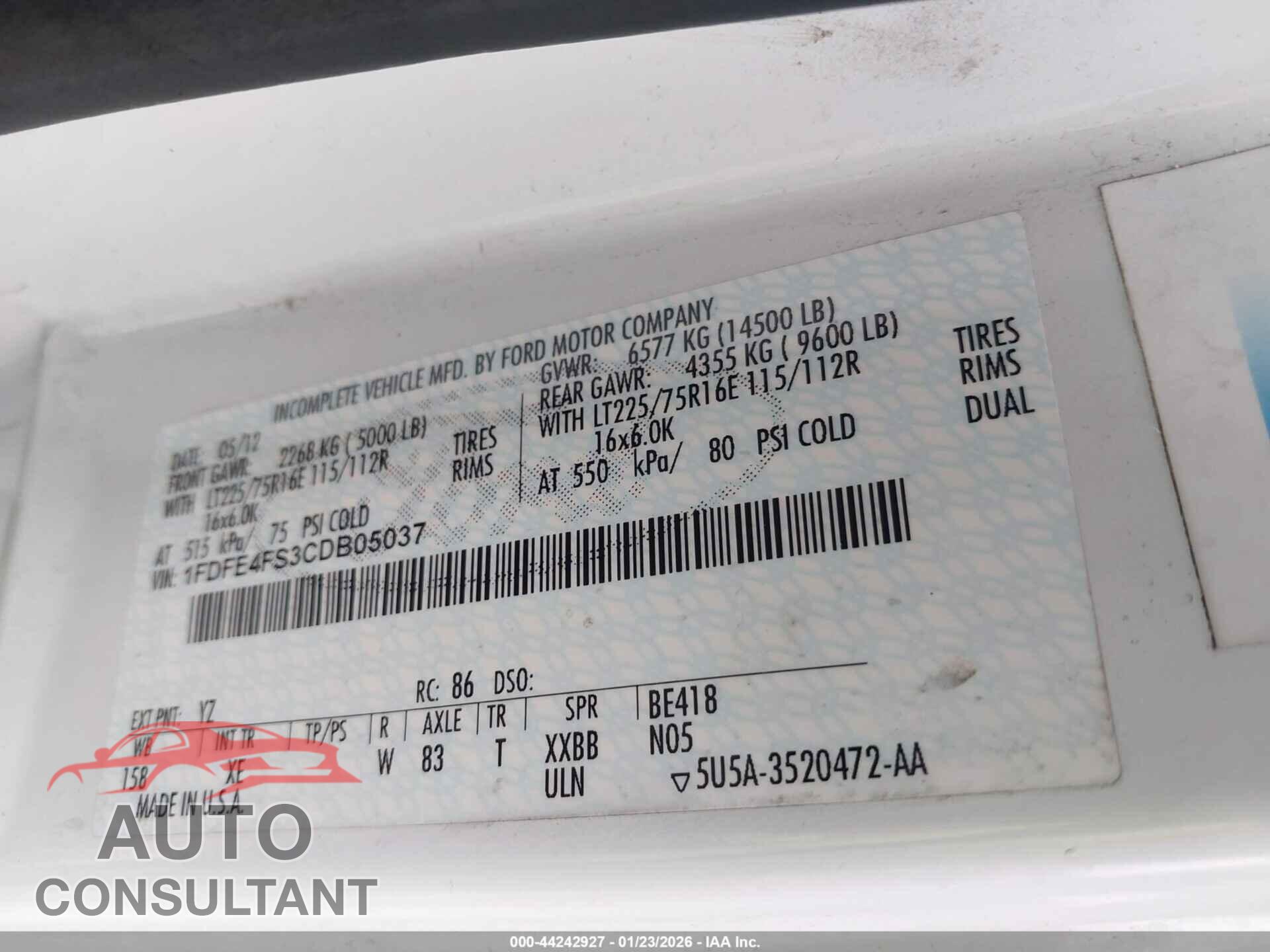 FORD E-450 CUTAWAY 2012 - 1FDFE4FS3CDB05037