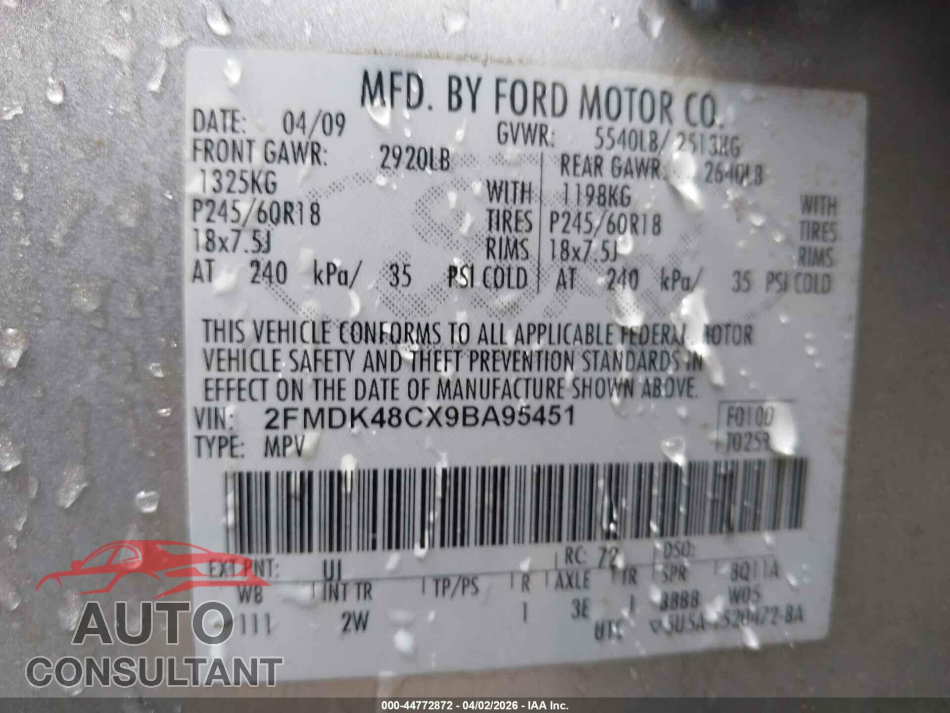 FORD EDGE 2009 - 2FMDK48CX9BA95451