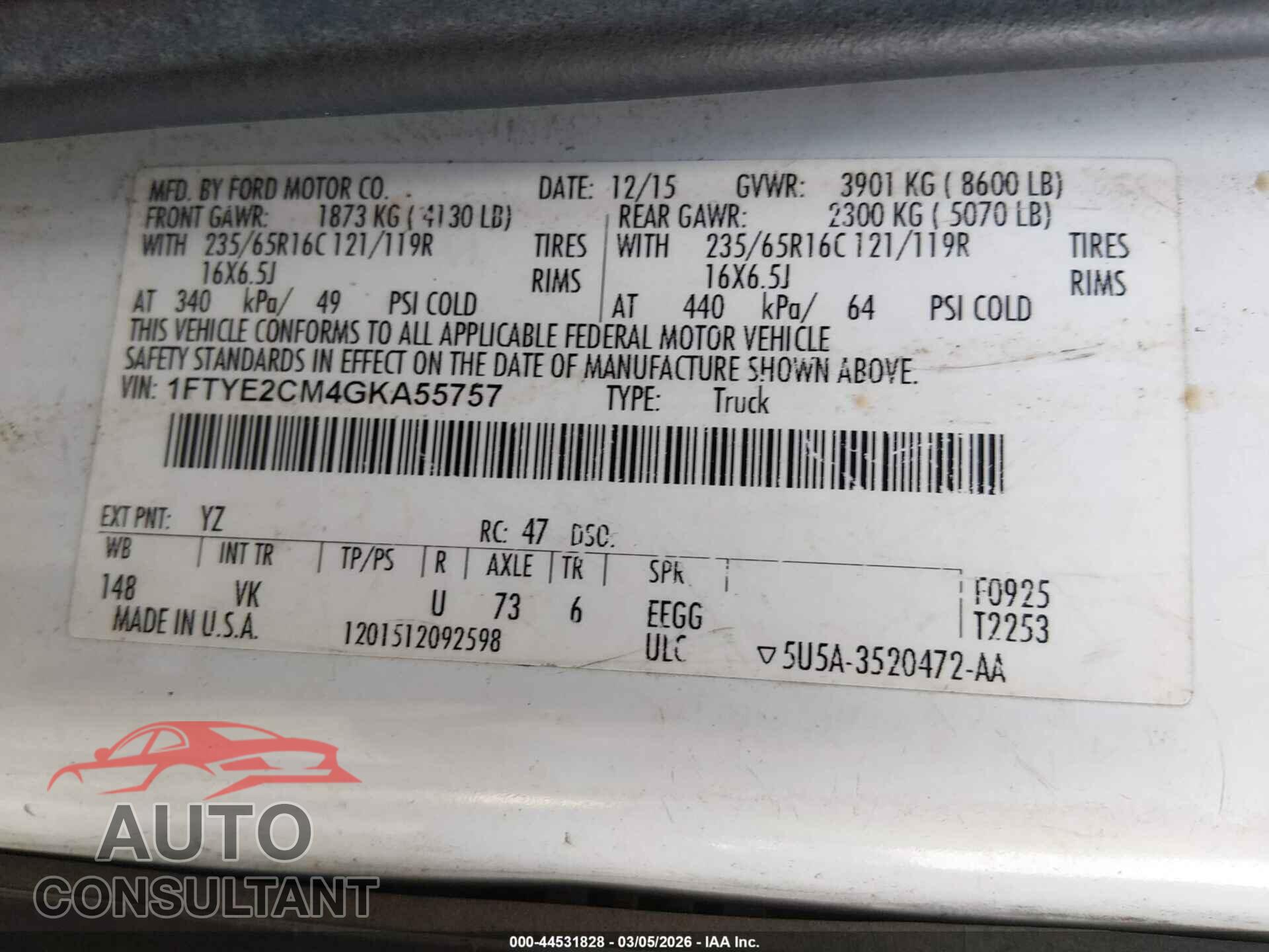 FORD TRANSIT-150 2016 - 1FTYE2CM4GKA55757