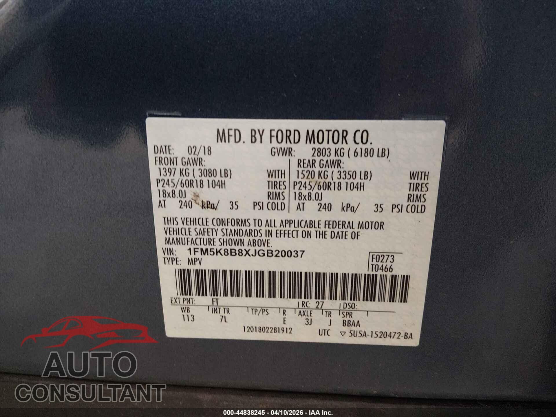 FORD EXPLORER 2018 - 1FM5K8B8XJGB20037