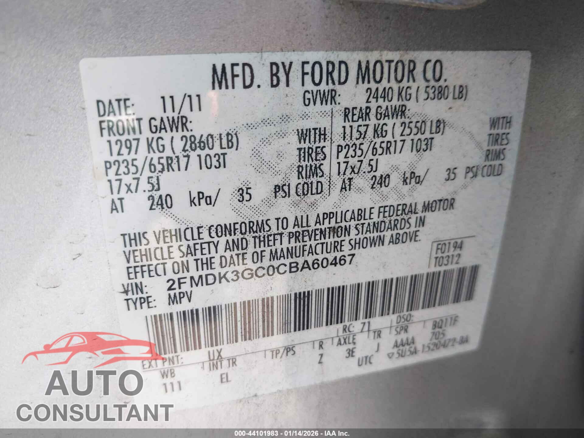 FORD EDGE 2012 - 2FMDK3GC0CBA60467