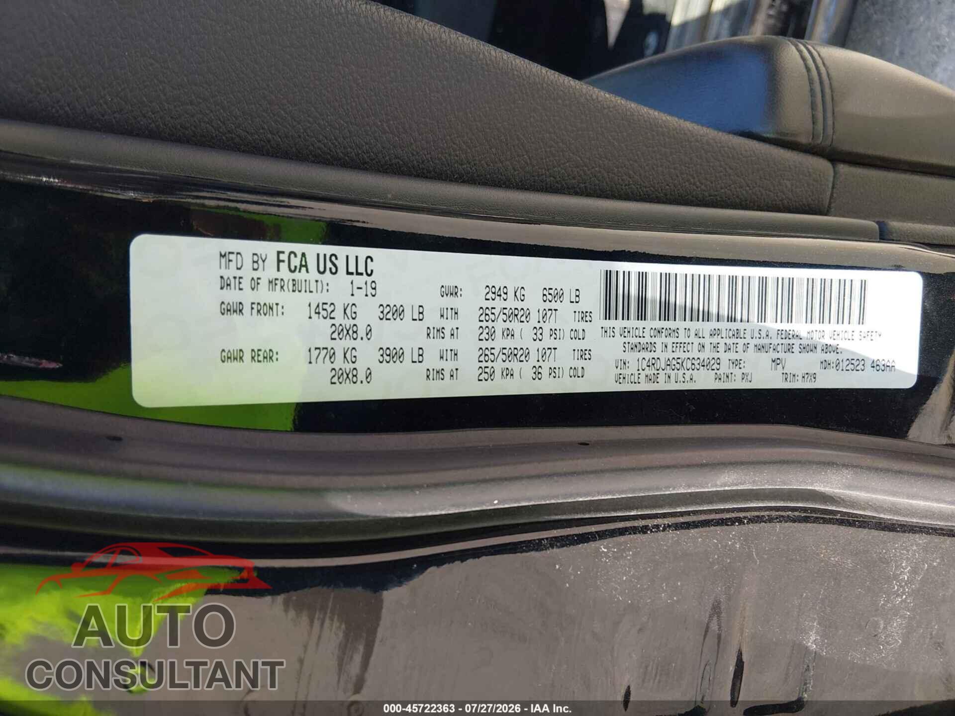 DODGE DURANGO 2019 - 1C4RDJAG5KC634029