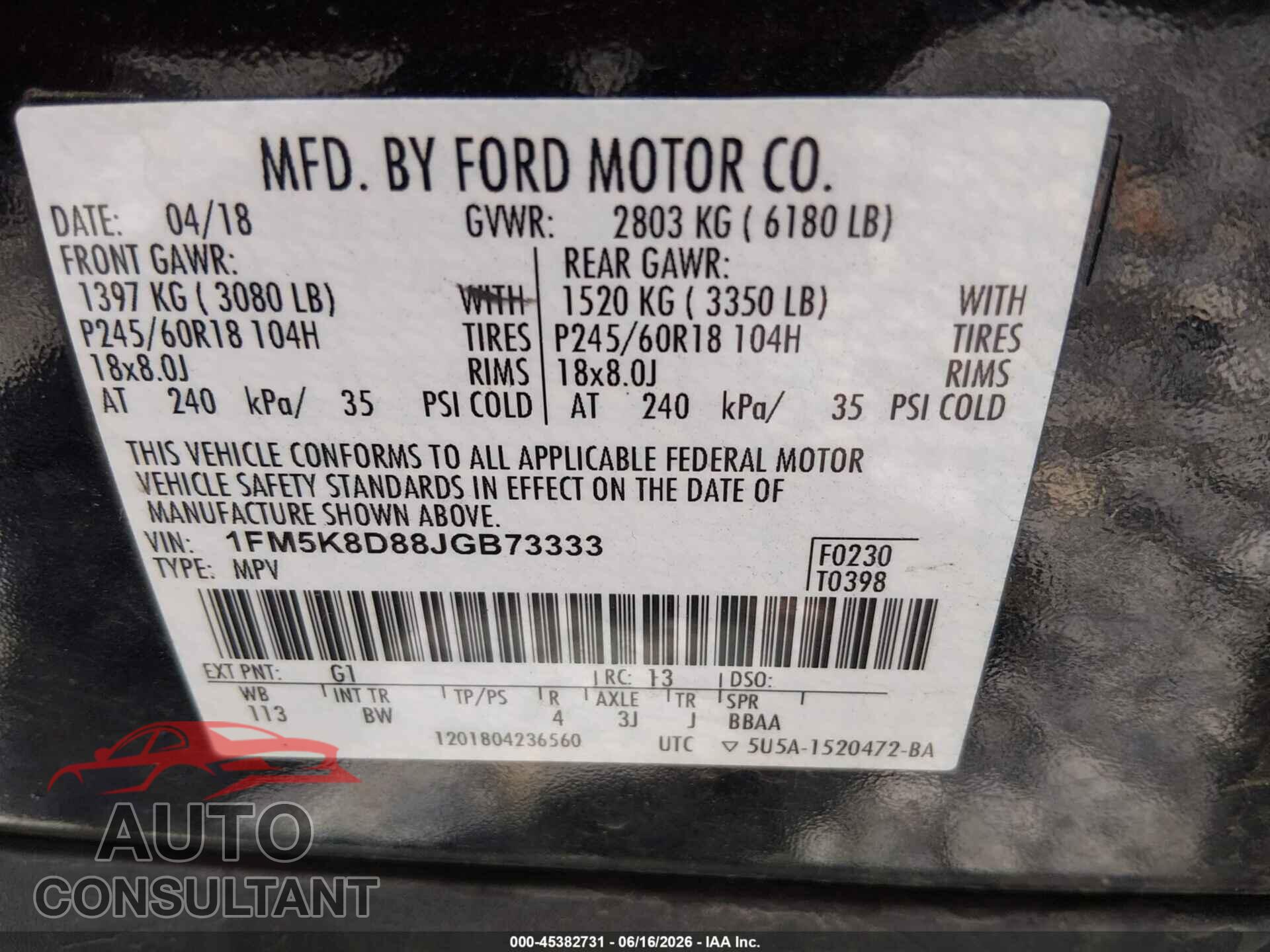 FORD EXPLORER 2018 - 1FM5K8D88JGB73333