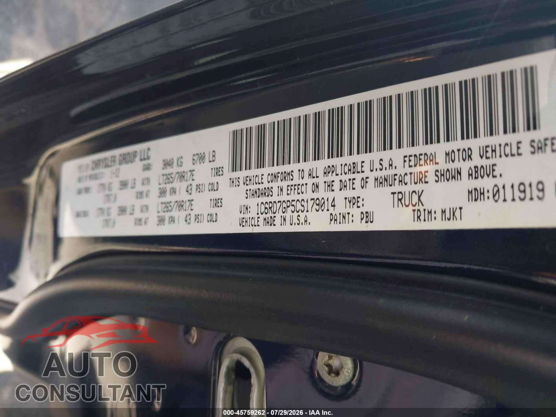 DODGE RAM 1500 2012 - 1C6RD7GP5CS179014