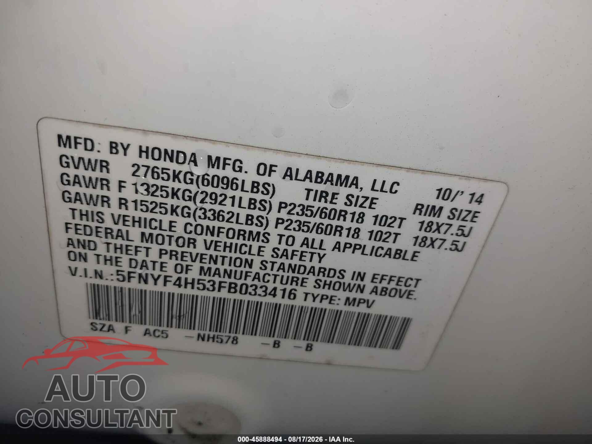 HONDA PILOT 2015 - 5FNYF4H53FB033416