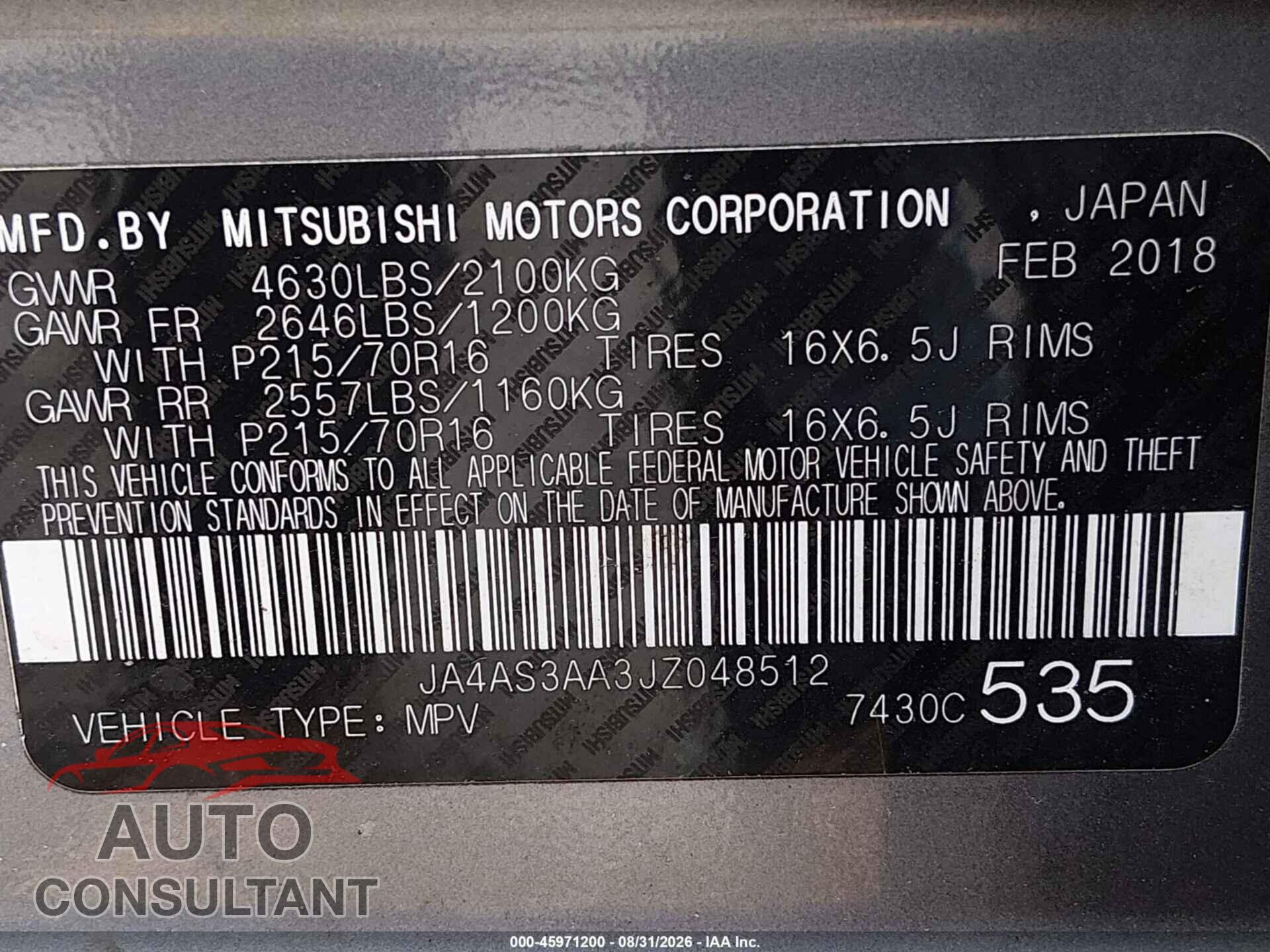 MITSUBISHI ECLIPSE CROSS 2018 - JA4AS3AA3JZ048512